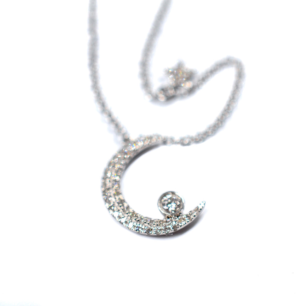 14kt White Gold Crescent Moon and Star Pendant Necklace