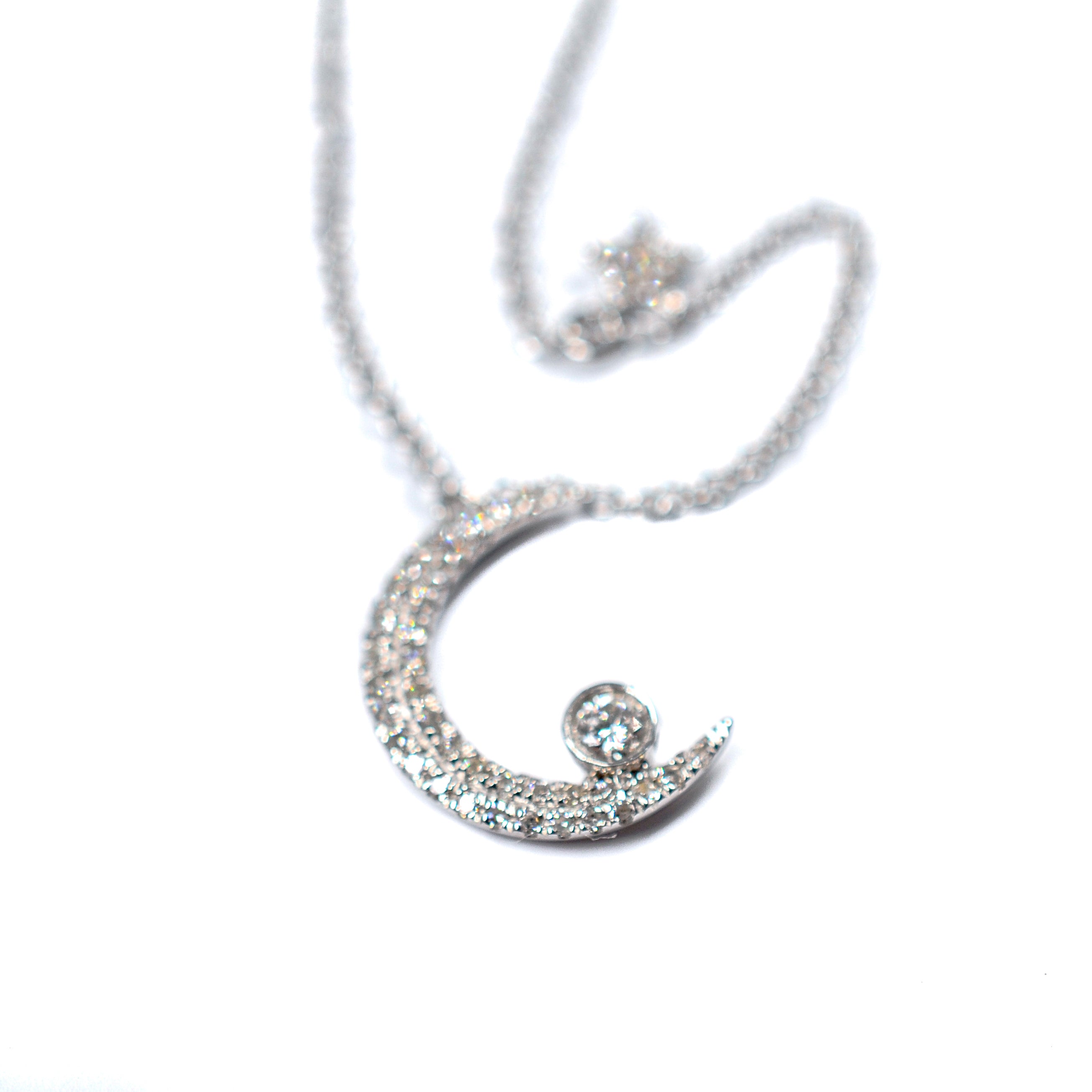 14kt White Gold Crescent Moon and Star Pendant Necklace