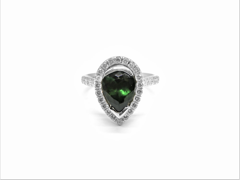 Platinum Tsavorite and Halo Style Diamond Fashion Ring