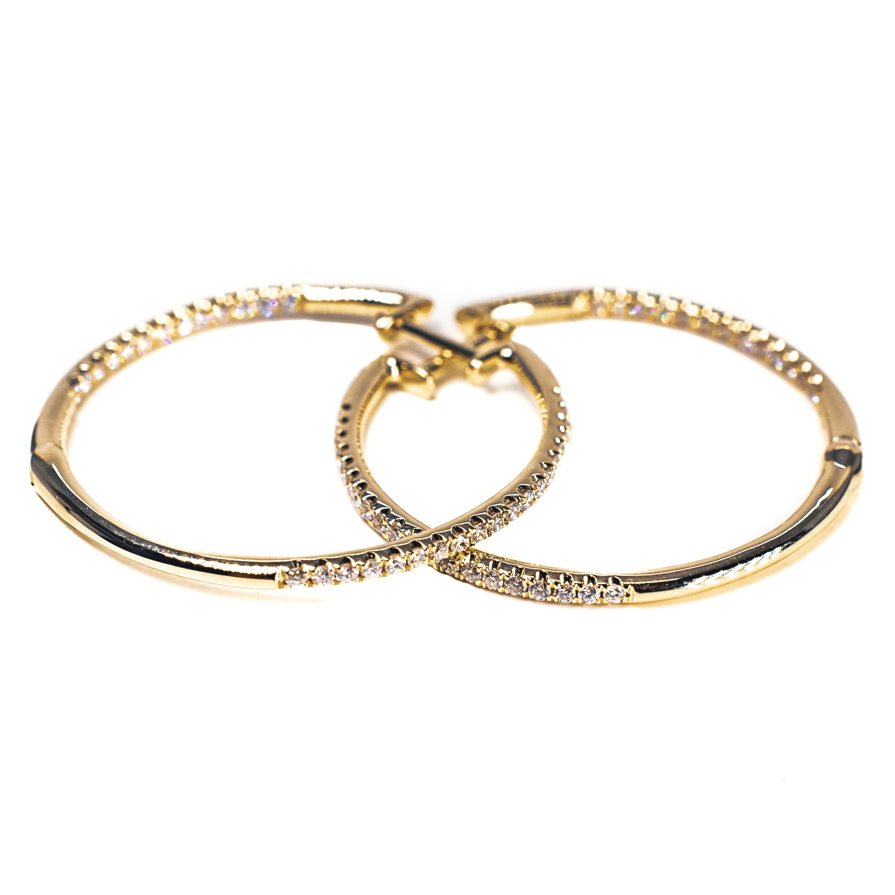 14kt Yellow Gold In and Out Style Thin Diamond Hoop Earrings