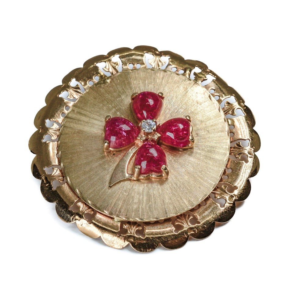 18kt Yellow Gold Pin with Four Heart Shape Rubies and Centered Diamond