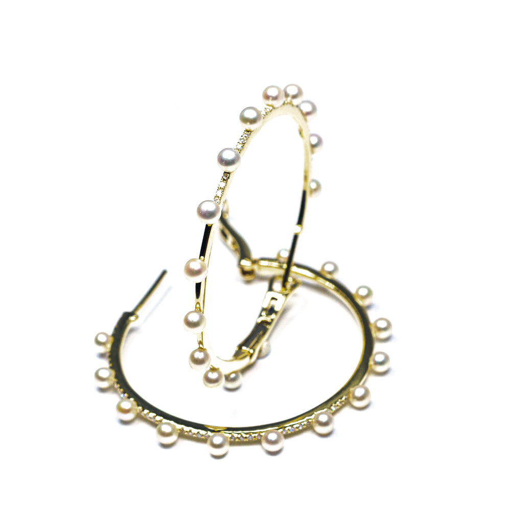 14kt Yellow Gold Pearl and Diamond Hoop Earrings