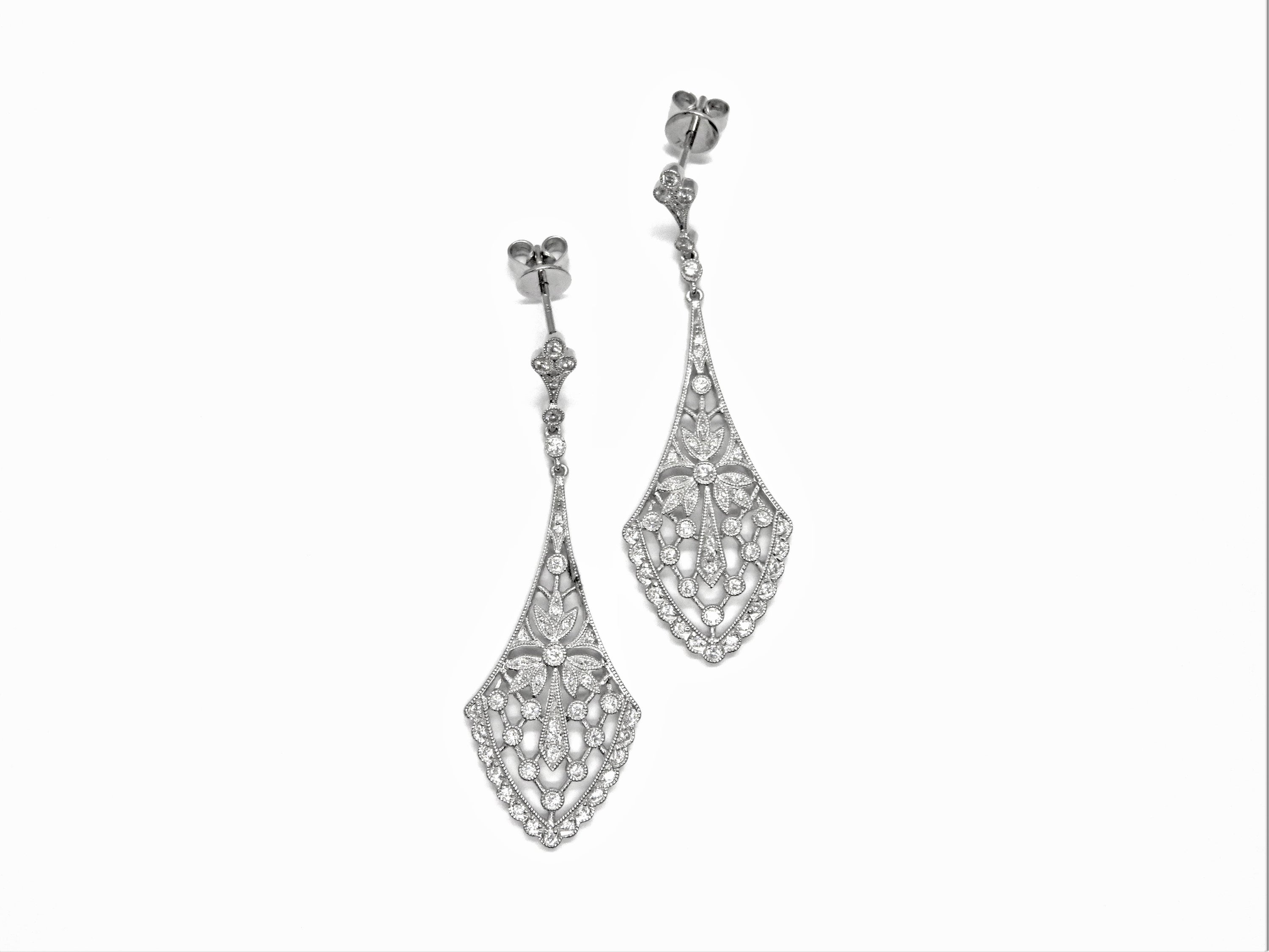 18kt White Gold Diamond Drop Filigree Earrings