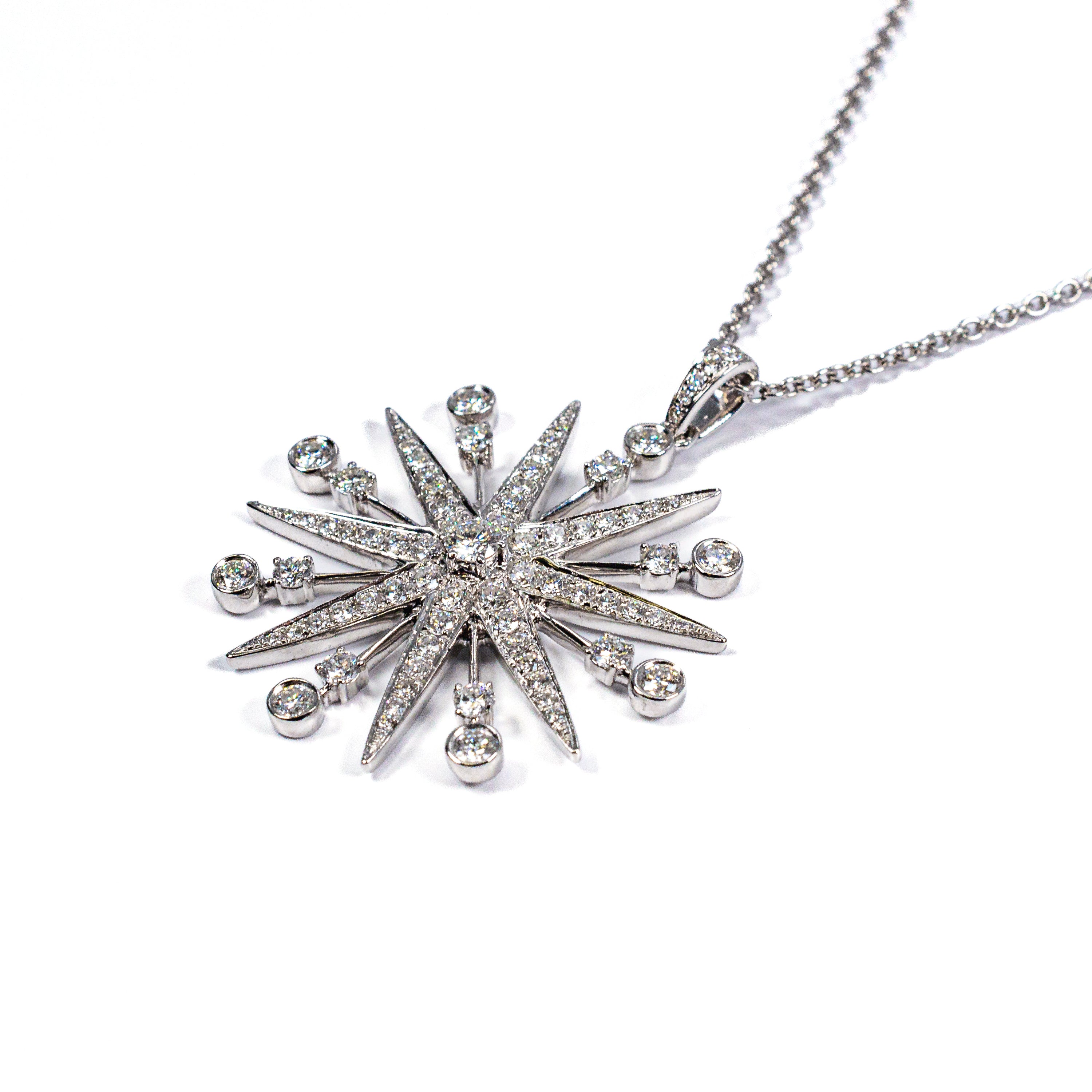 18kt White Gold Starburst Diamond Necklace with 32" Chain