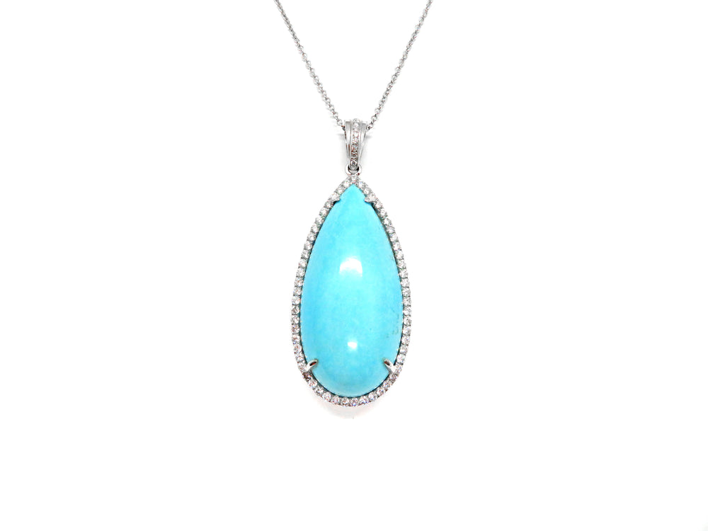 18kt White Gold Pear Shape Cabochon Turquoise and Diamond Pendant Necklace
