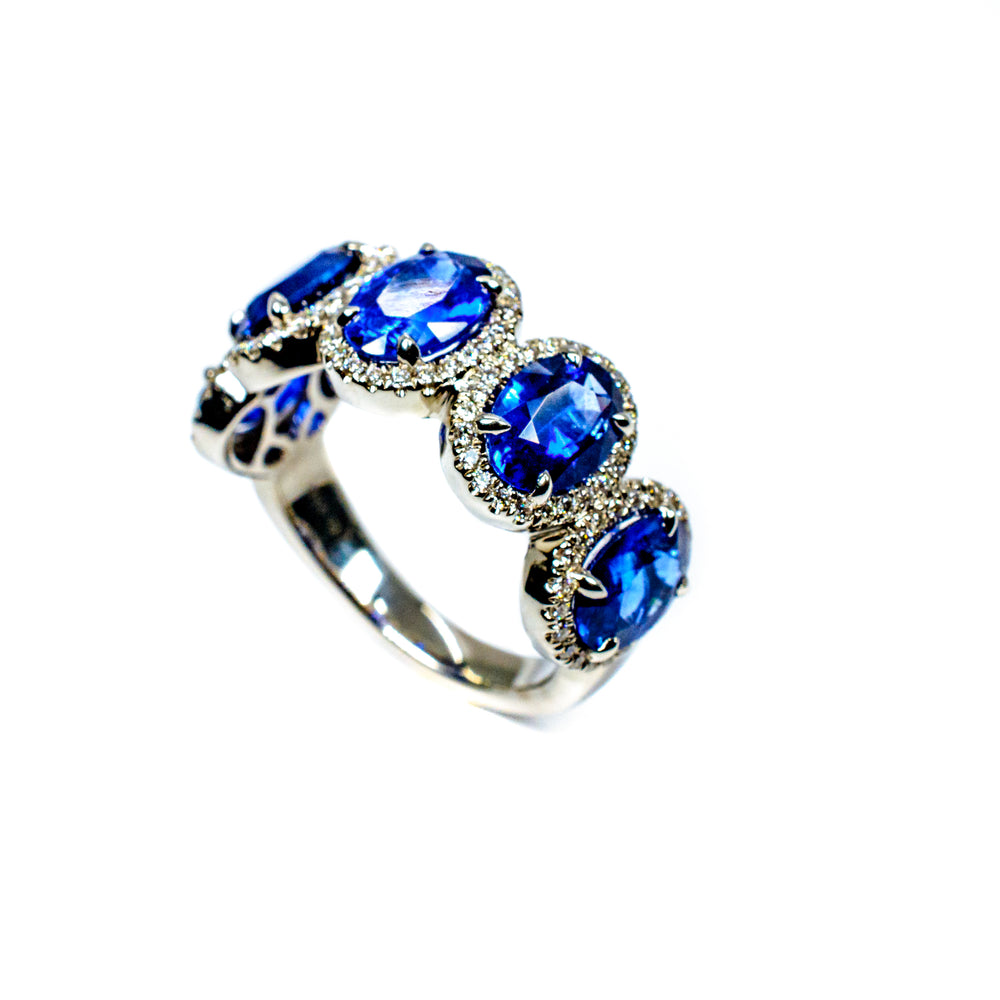 Platinum Five Oval Blue Sapphire & Diamond Halo Ring
