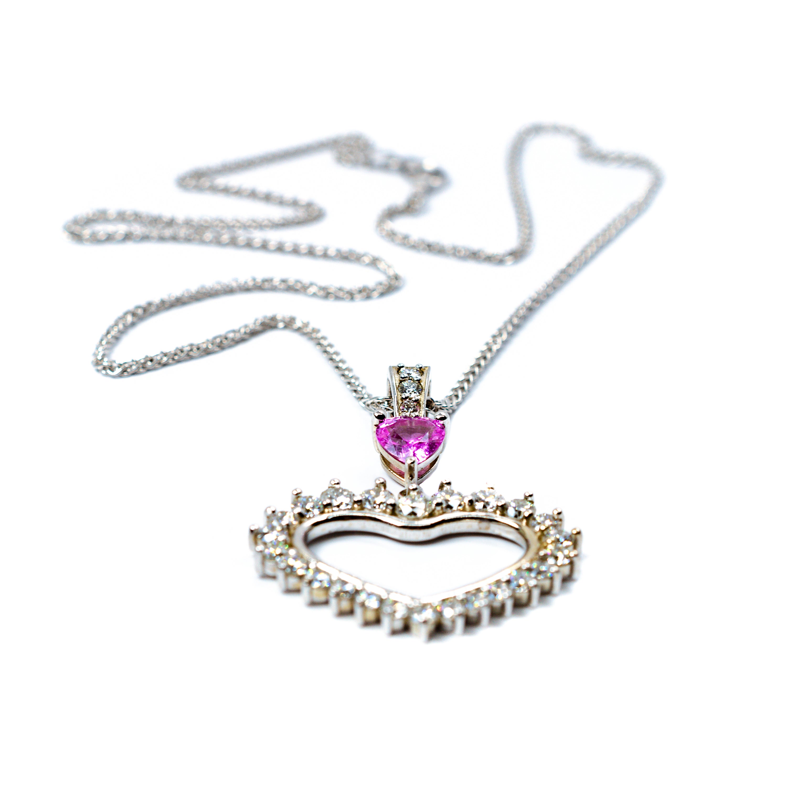 14kt White Gold Open Heart Pink Sapphire & Diamond Necklace