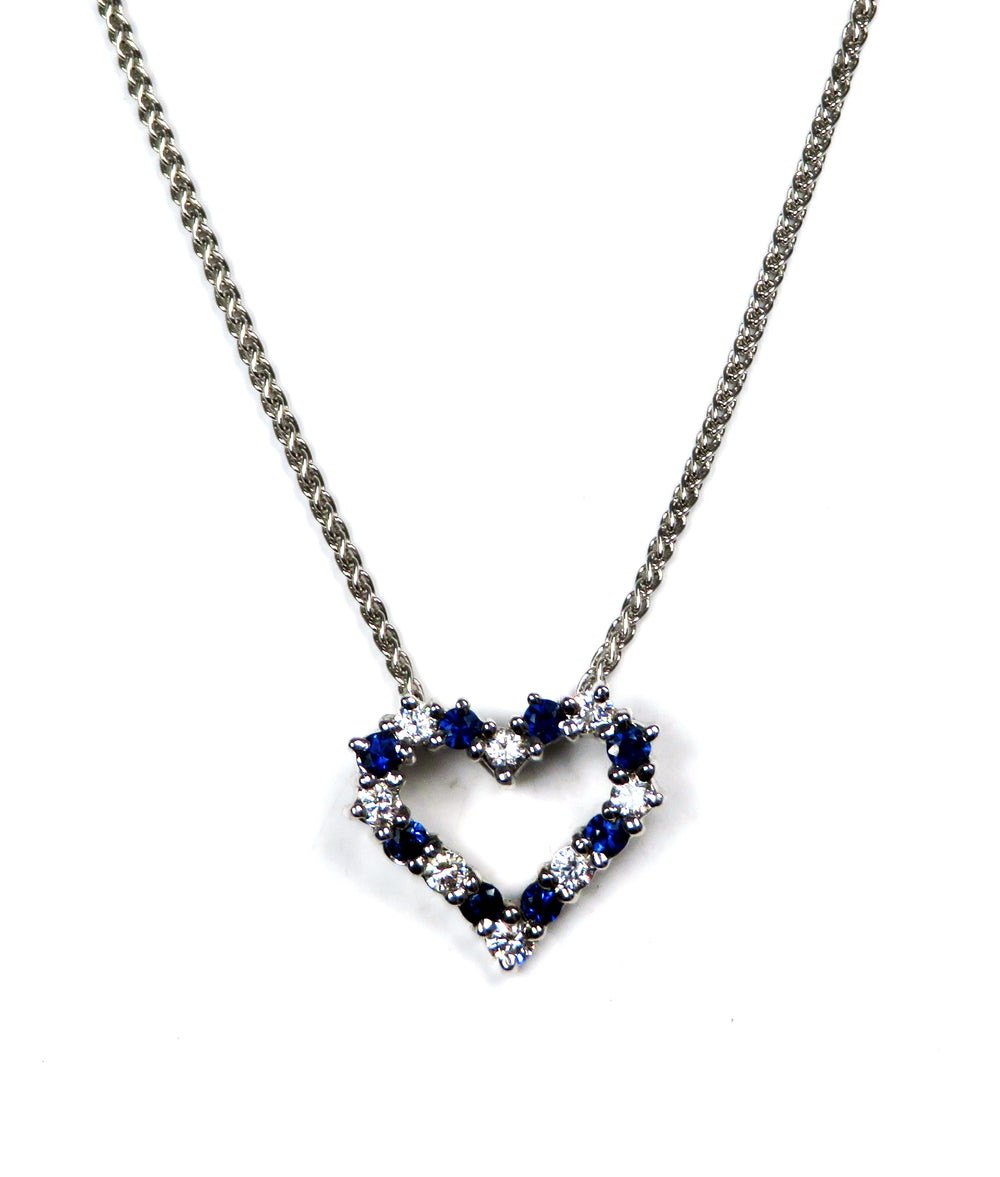 14kt White Gold Heart Shape Blue Sapphire and Diamond Pendant