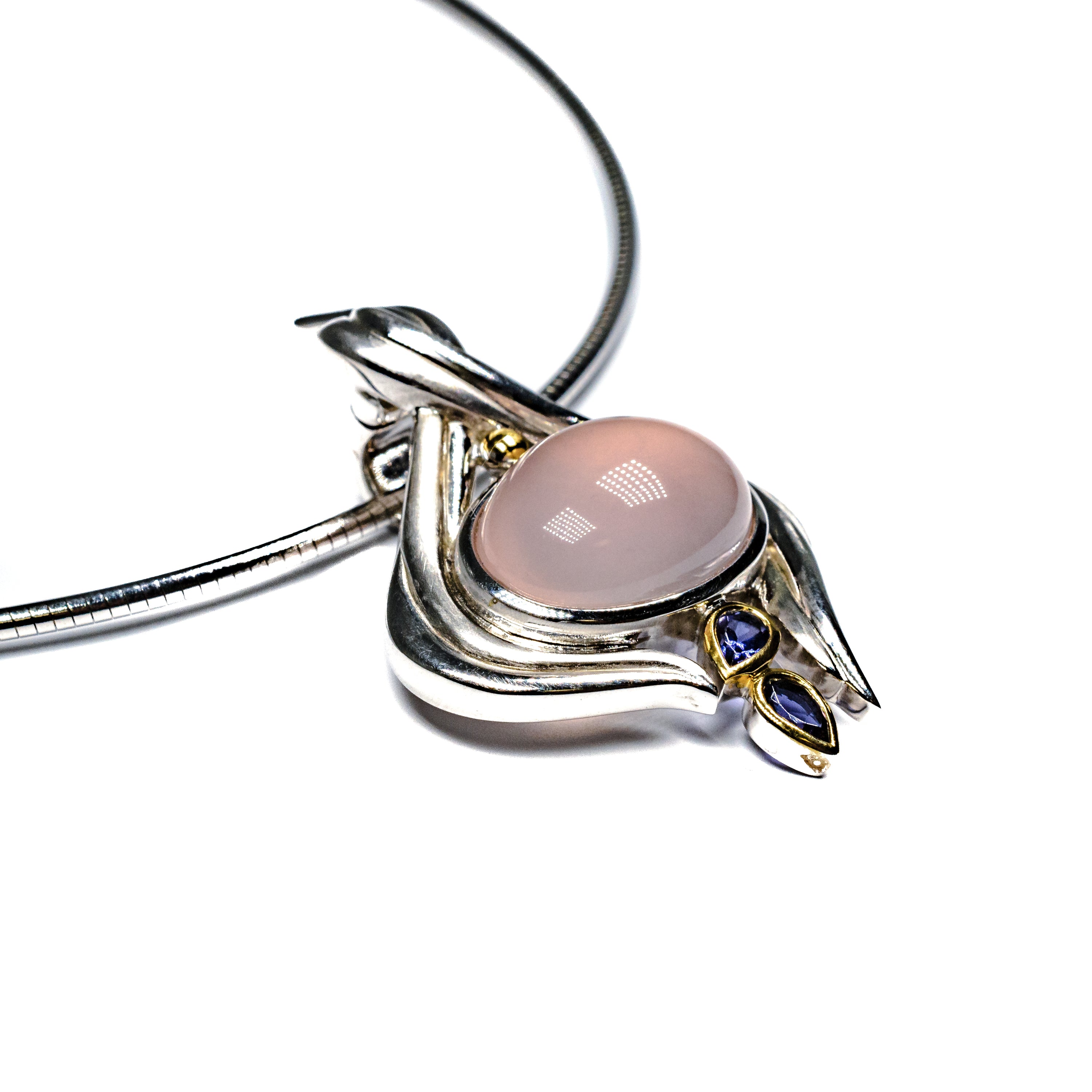 Silver & Gold Filled Rose Quartz Pendant Necklace with Iolite Accents