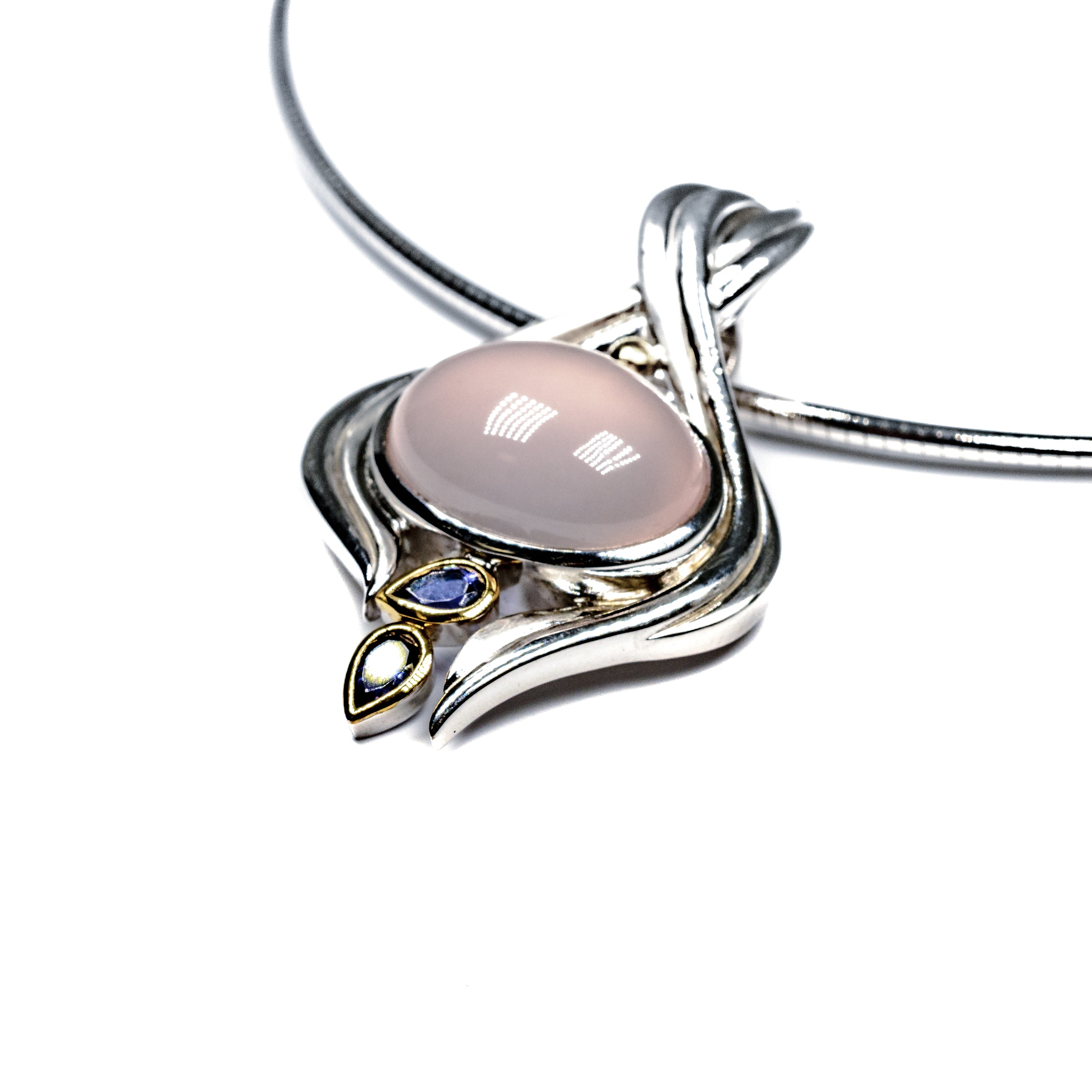 Silver & Gold Filled Rose Quartz Pendant Necklace with Iolite Accents