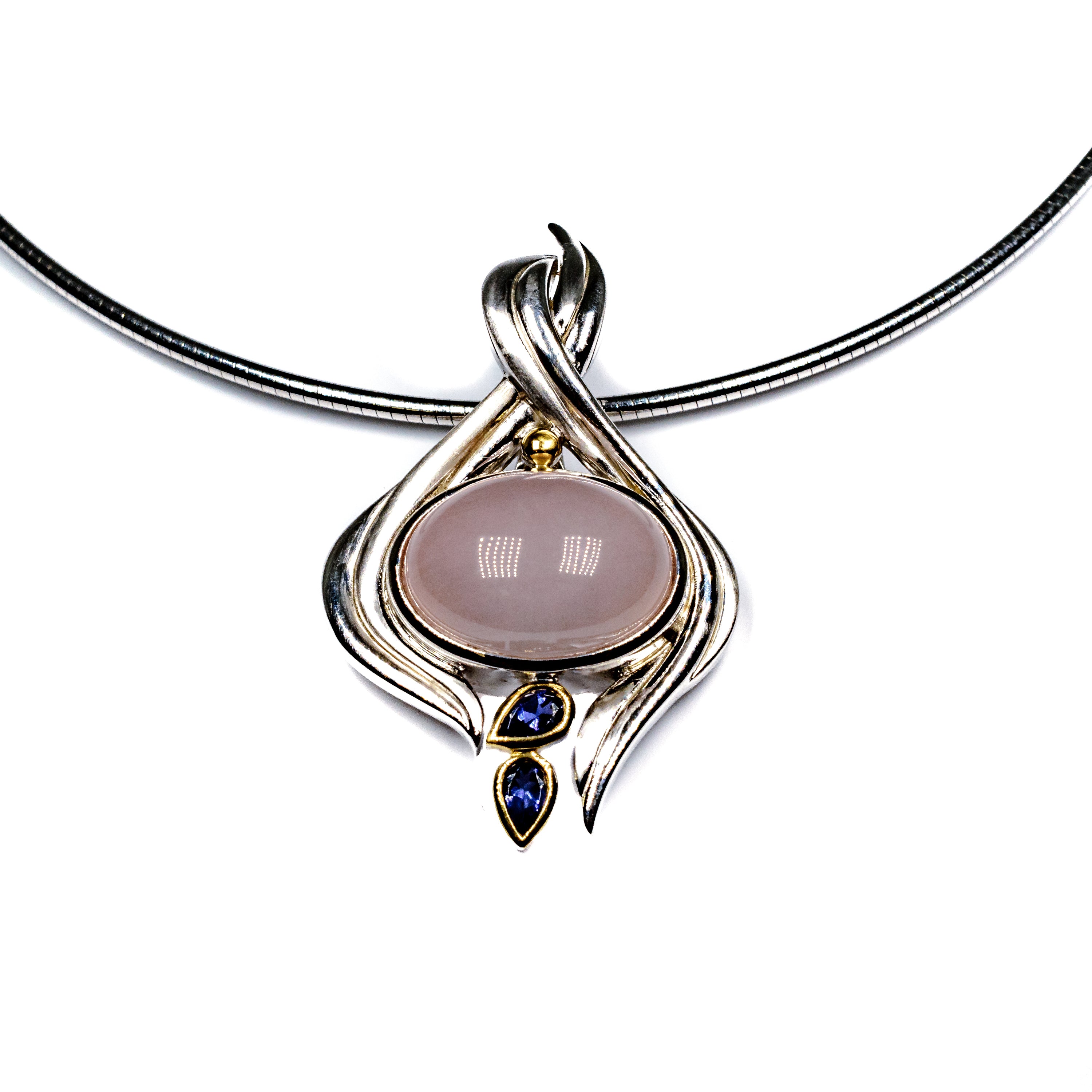 Silver & Gold Filled Rose Quartz Pendant Necklace with Iolite Accents
