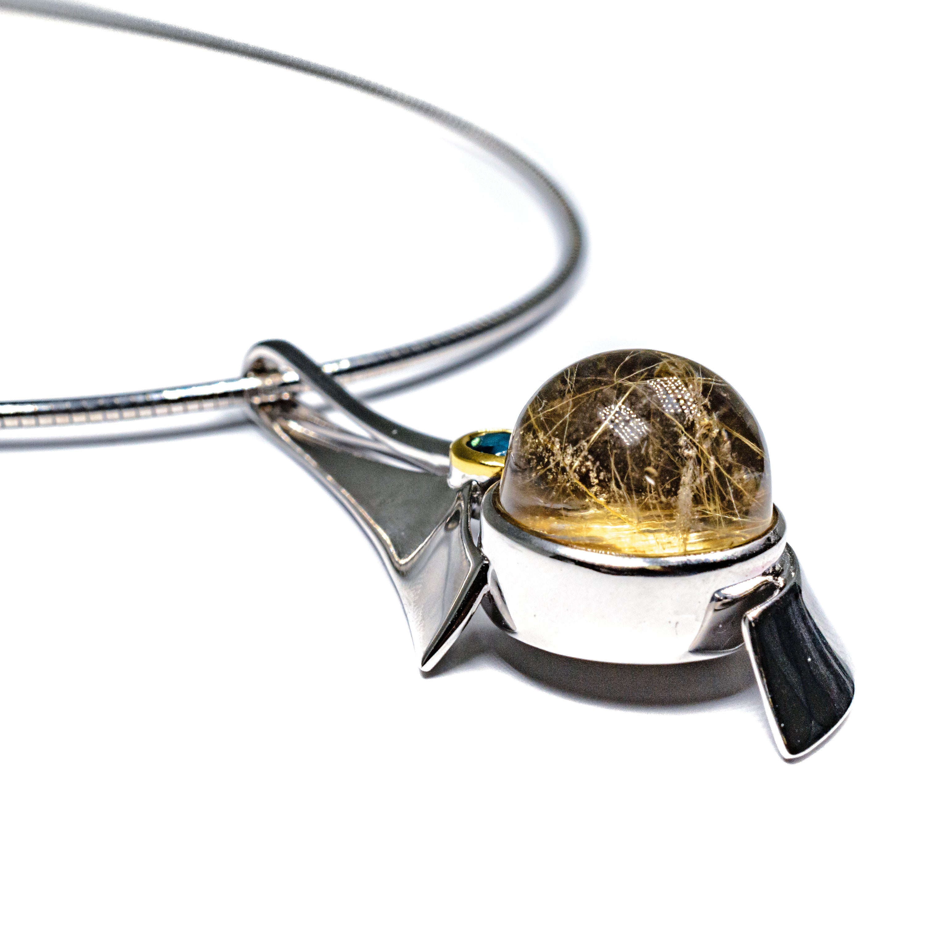 Sterling Silver, Gold-Filled Rutilated Quartz & London Blue Topaz Pendant Necklace