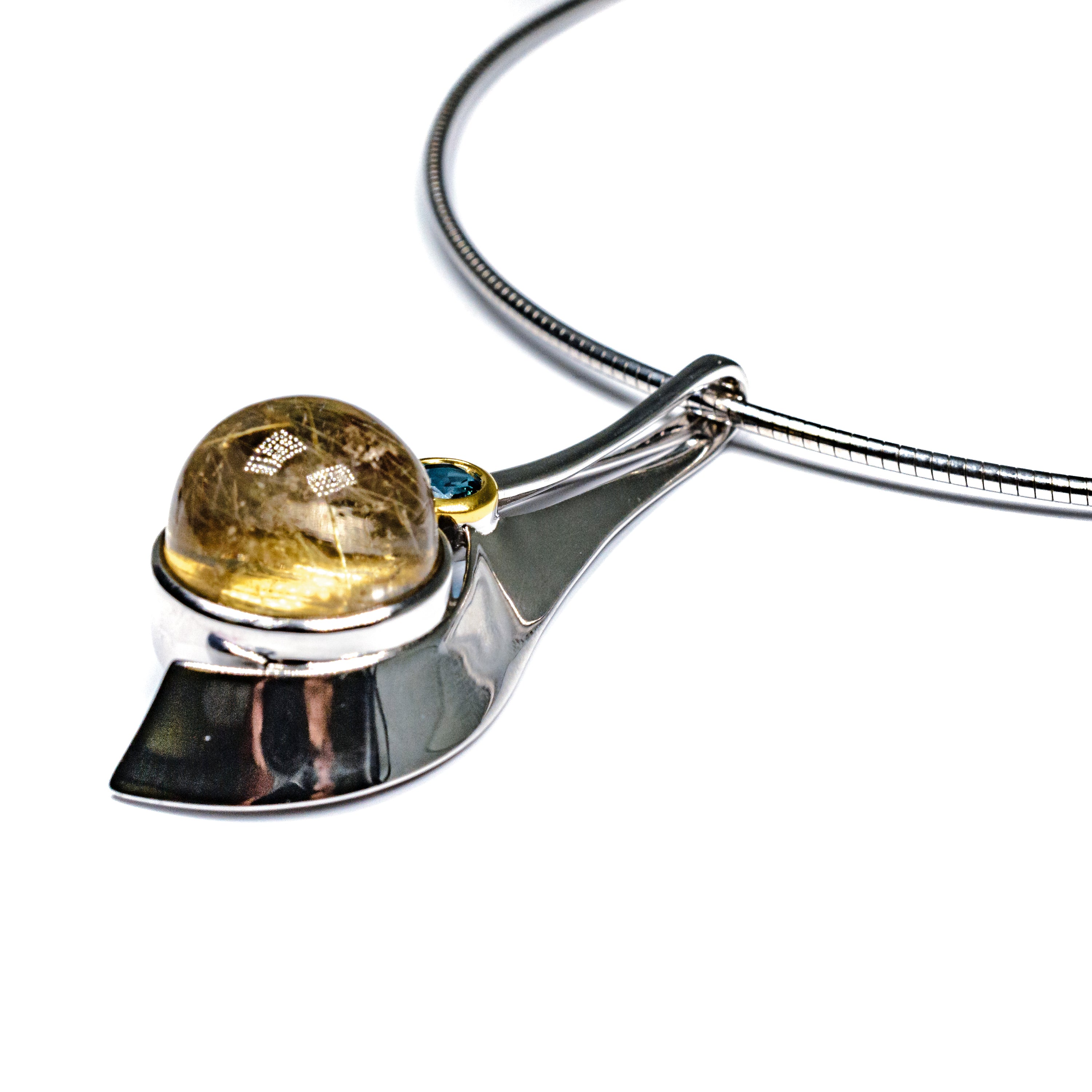 Sterling Silver, Gold-Filled Rutilated Quartz & London Blue Topaz Pendant Necklace