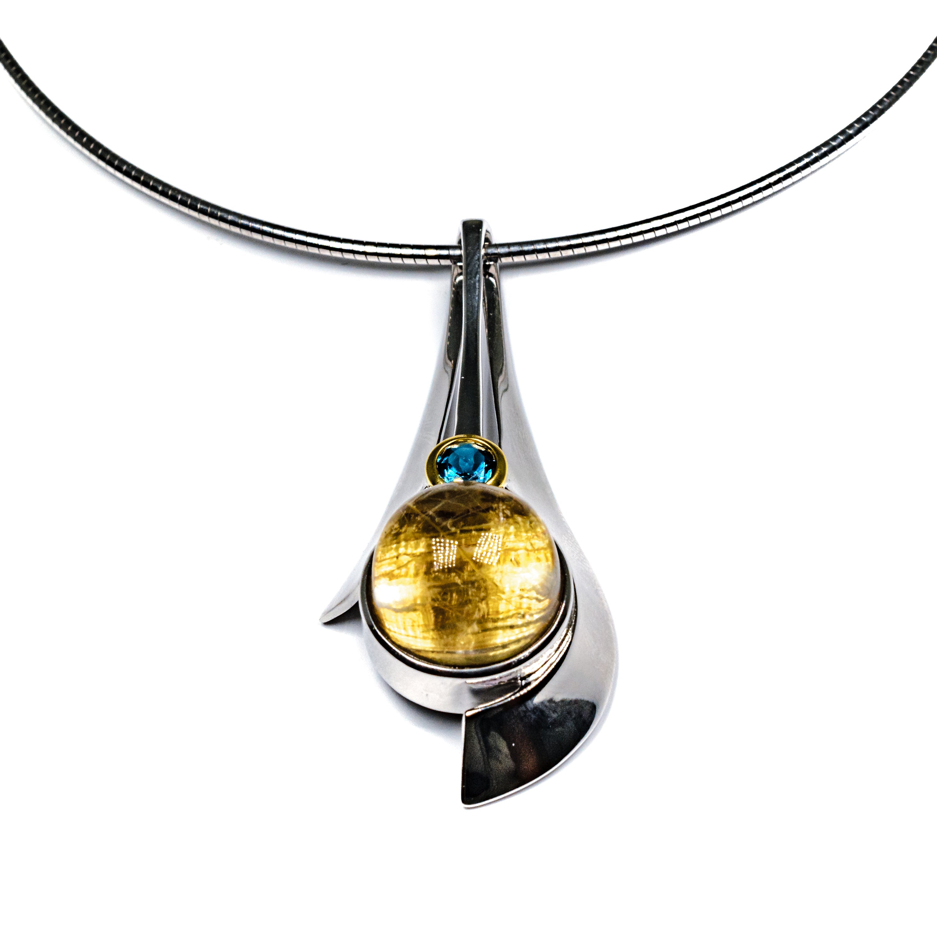 Sterling Silver, Gold-Filled Rutilated Quartz & London Blue Topaz Pendant Necklace