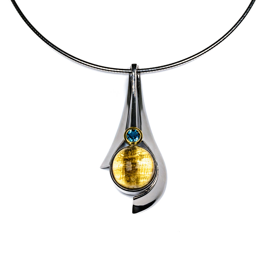Sterling Silver, Gold-Filled Rutilated Quartz & London Blue Topaz Pendant Necklace