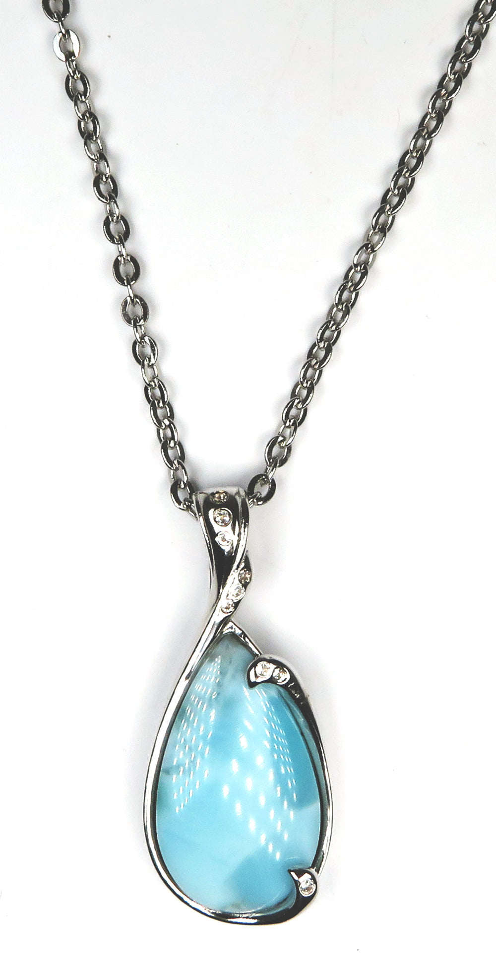Sterling Silver Larimar Necklace with White Topaz Accents – Teardrop Ocean Blue Pendant