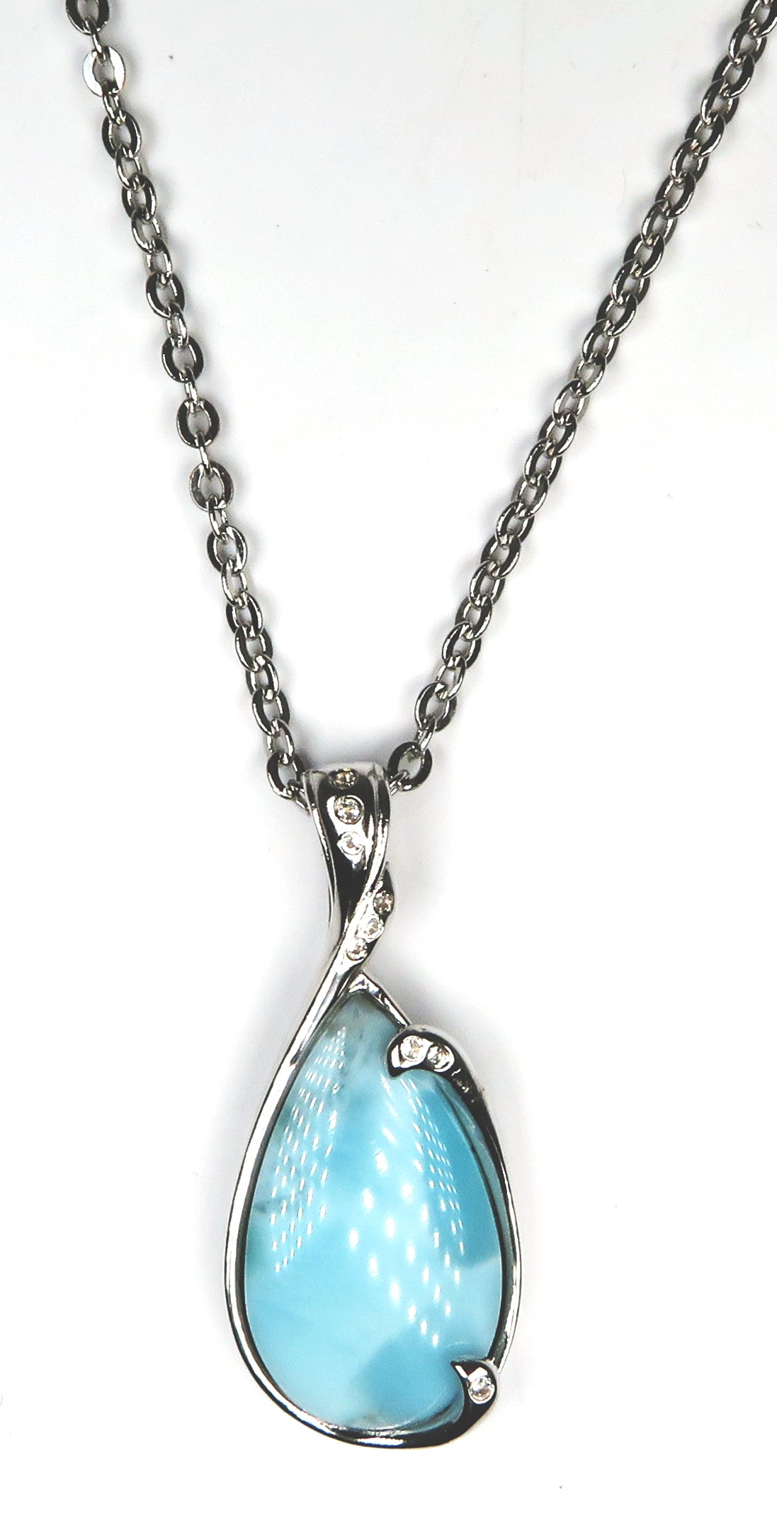 Sterling Silver Larimar Necklace with White Topaz Accents – Teardrop Ocean Blue Pendant
