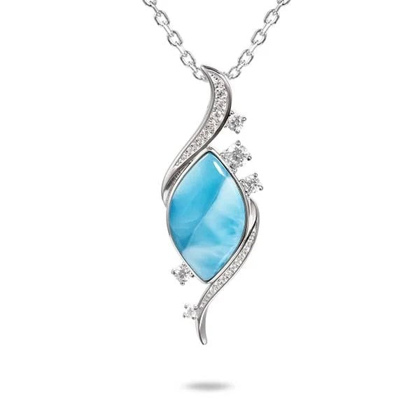 Larimar and White Topaz Pendant Necklace Sterling Silver Elegant Swirl Design
