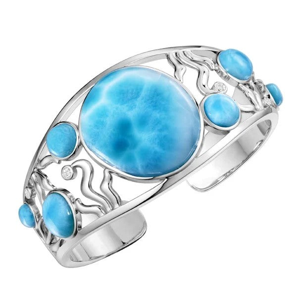 Sterling Silver Larimar & White Topaz “Windows of the Depth” Cuff Bangle