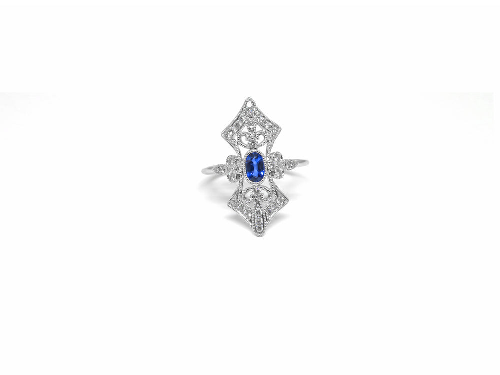 18kt White Gold Nemati Design Filigree Style Diamond & Sapphire Fashion Ring