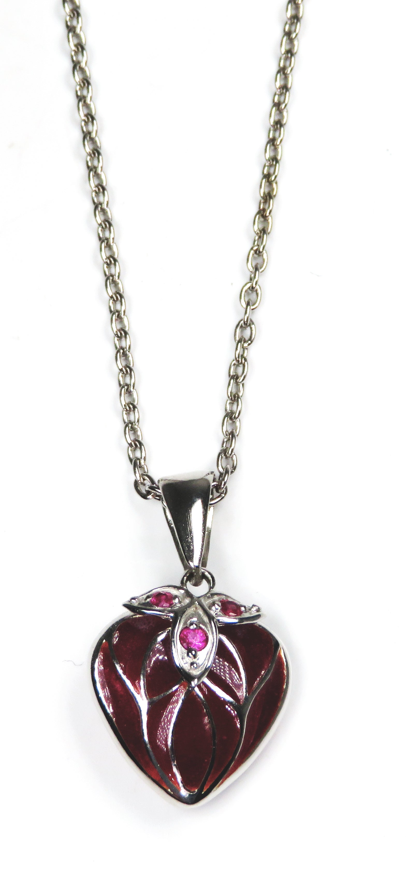 Sterling Silver Red Enamel Heart Necklace with Ruby Accent – Romantic Pendant Necklace