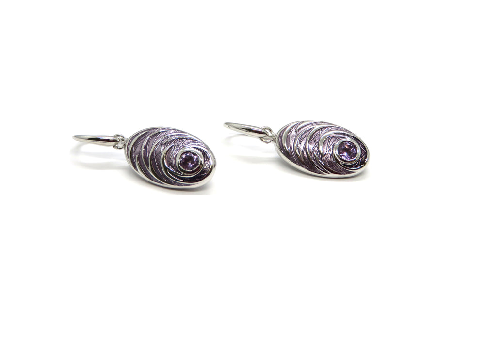 Sterling Silver Amethyst Drop Earrings – Oval Purple Amethyst Spiral Design