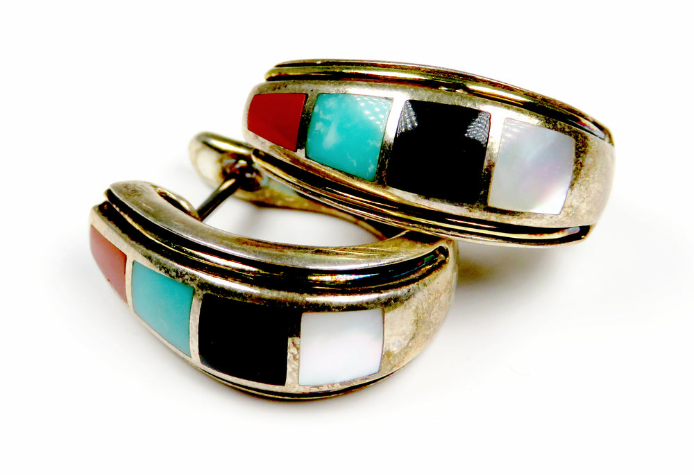 Sterling Silver & 18K Yellow Gold Multicolor Inlay Hoop Earrings