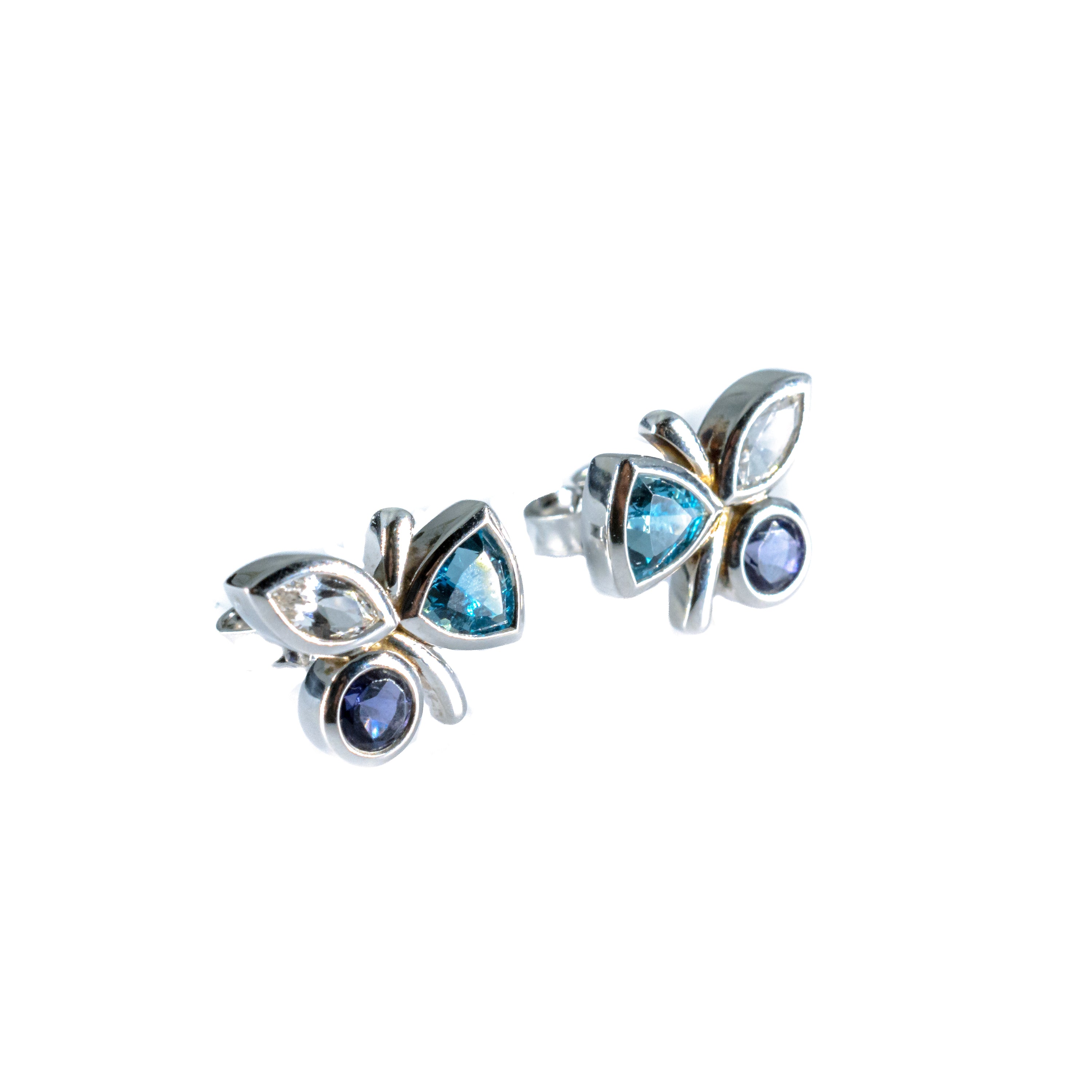 Sterling Silver Blue & White Topaz with Iolite Floral Stud Earrings
