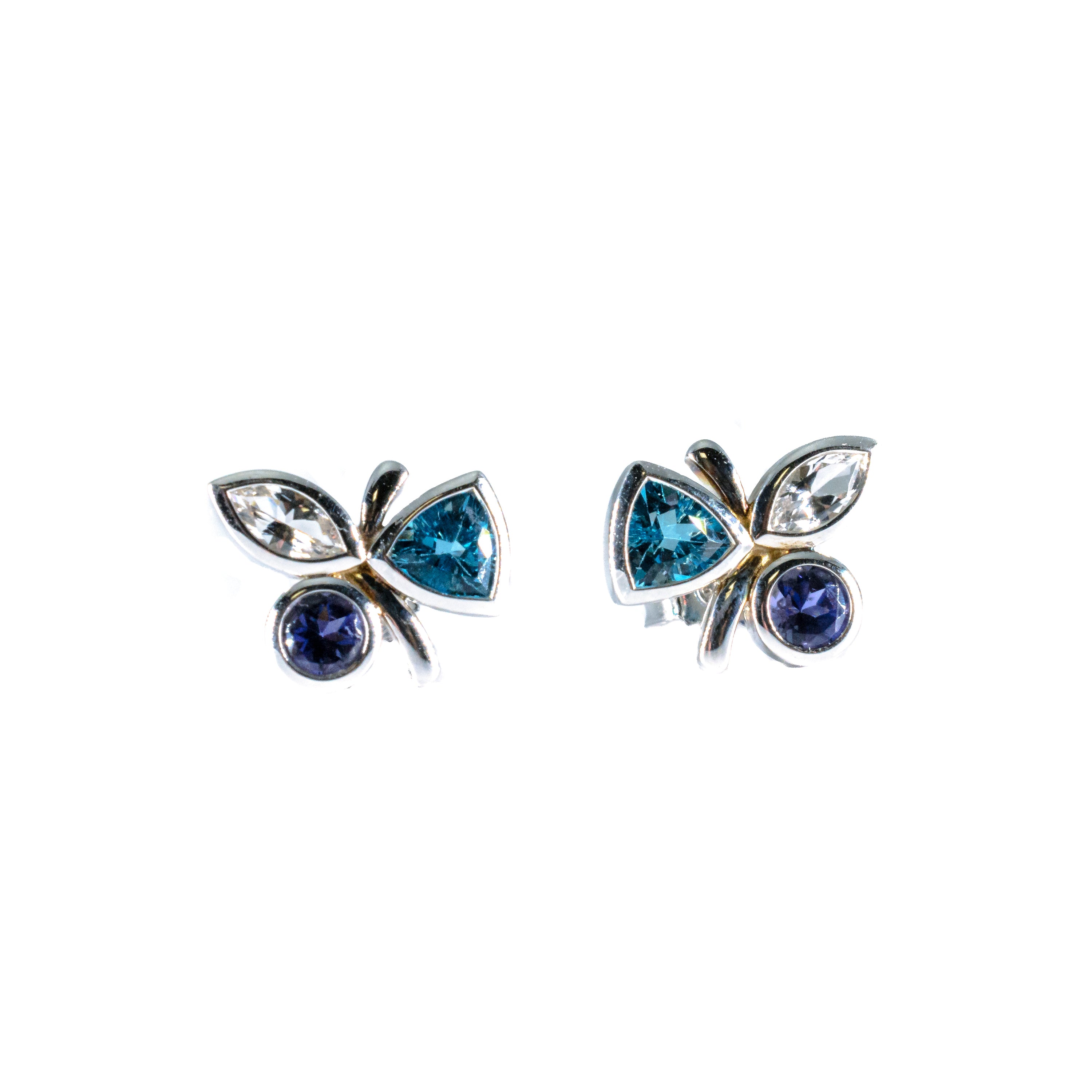 Sterling Silver Blue & White Topaz with Iolite Floral Stud Earrings