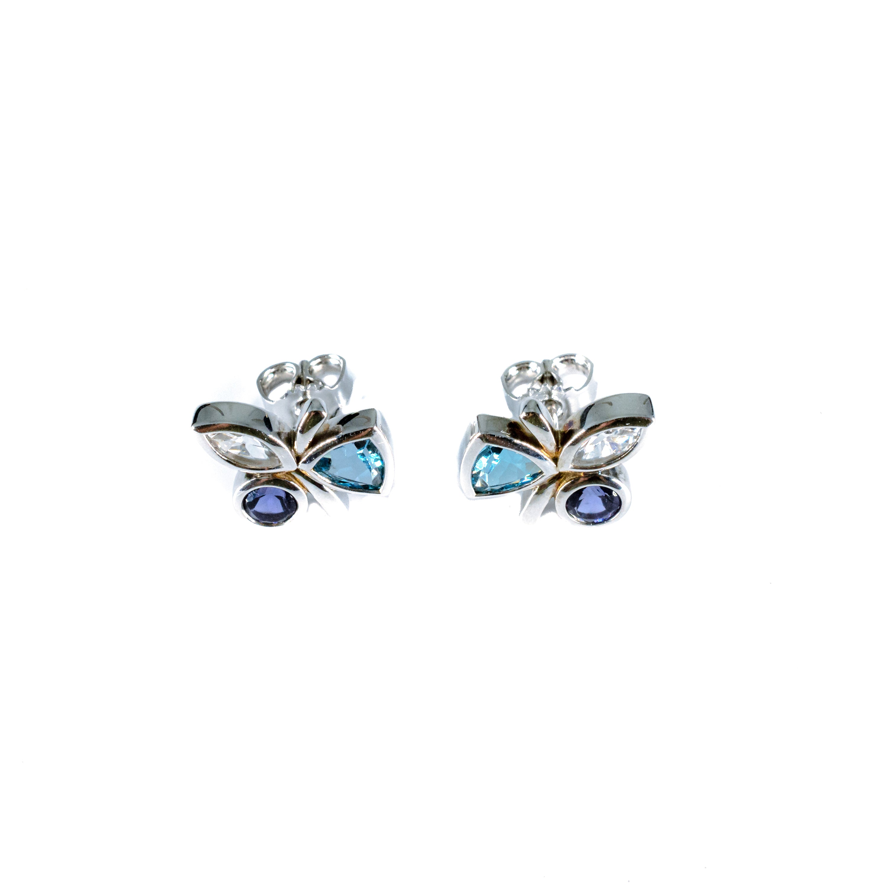 Sterling Silver Blue & White Topaz with Iolite Floral Stud Earrings