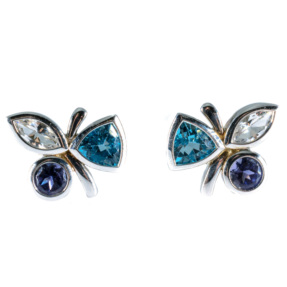 Sterling Silver Blue & White Topaz with Iolite Floral Stud Earrings