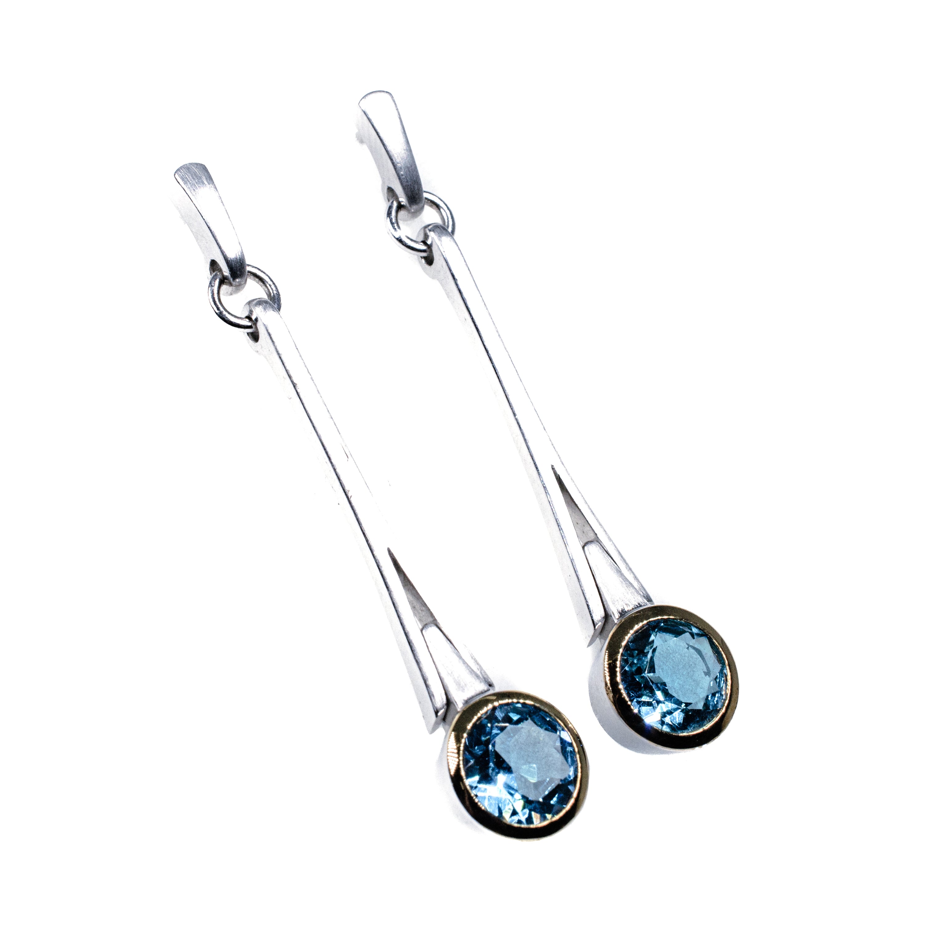 Silver & Gold Filled Blue Topaz Earrings – Minimalist Long Drop Design