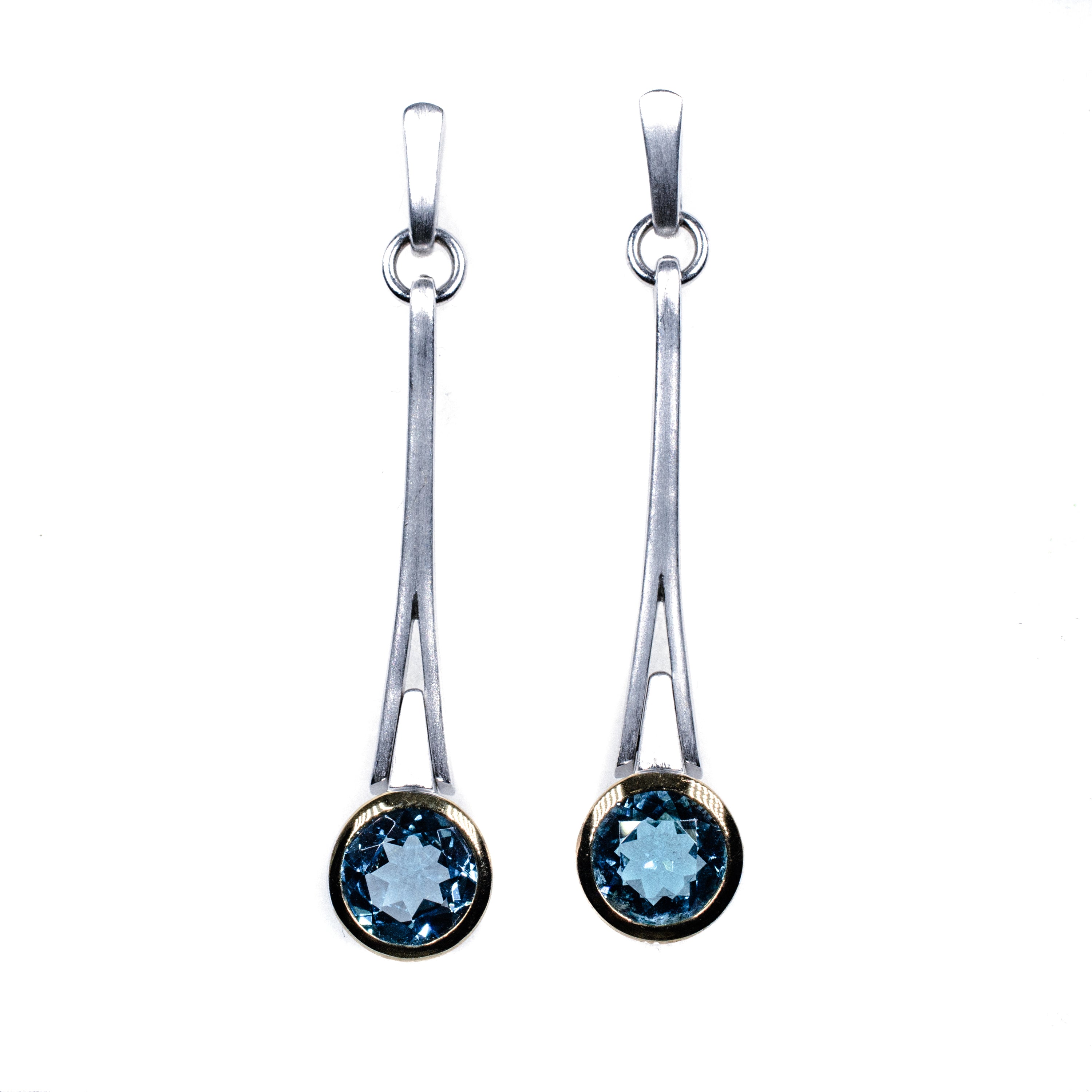 Silver & Gold Filled Blue Topaz Earrings – Minimalist Long Drop Design