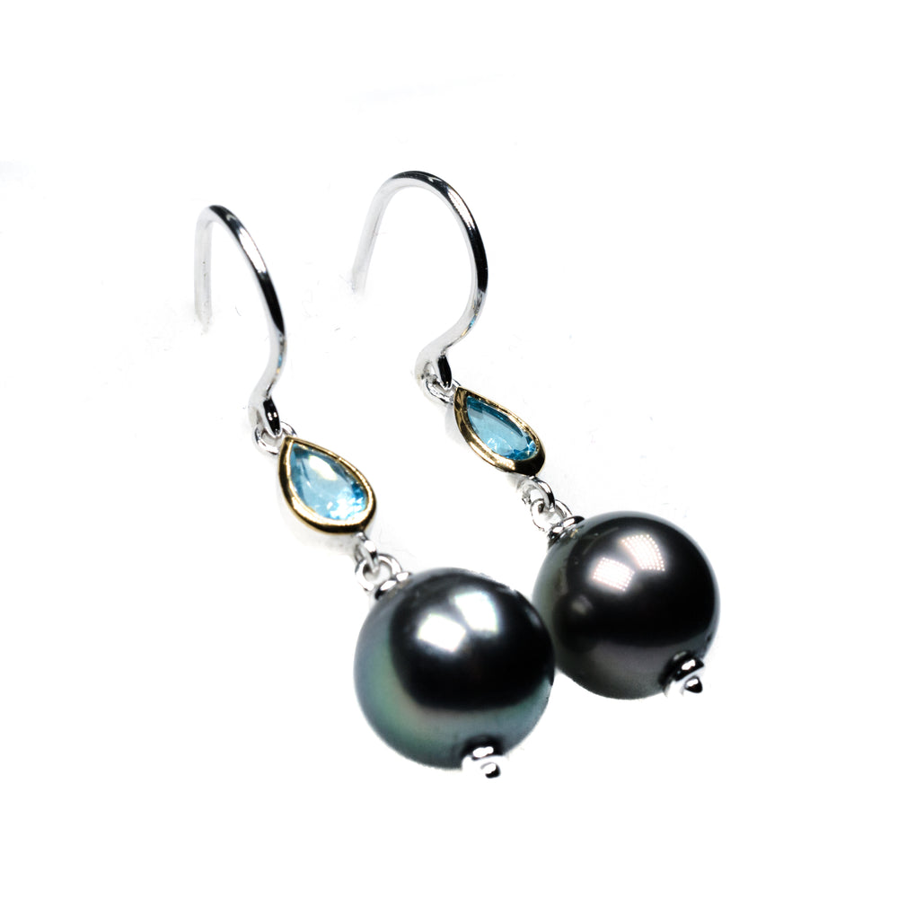 Tahitian Pearl Drop Earrings with Blue Topaz Silver & Gold Filled