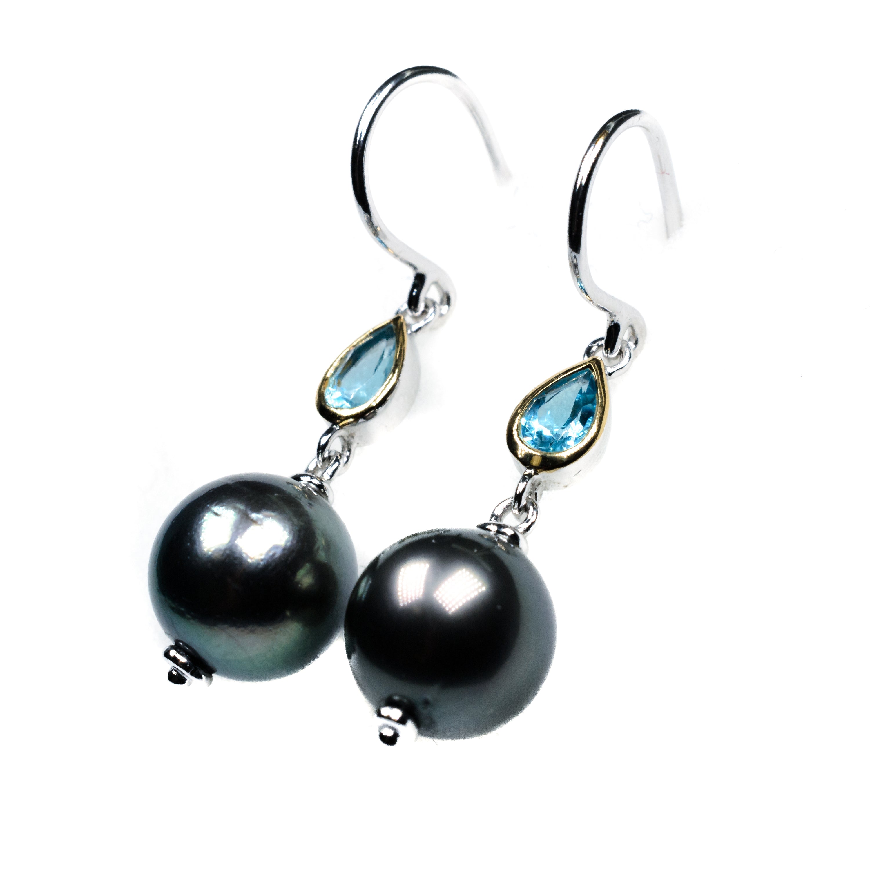 Tahitian Pearl Drop Earrings with Blue Topaz Silver & Gold Filled