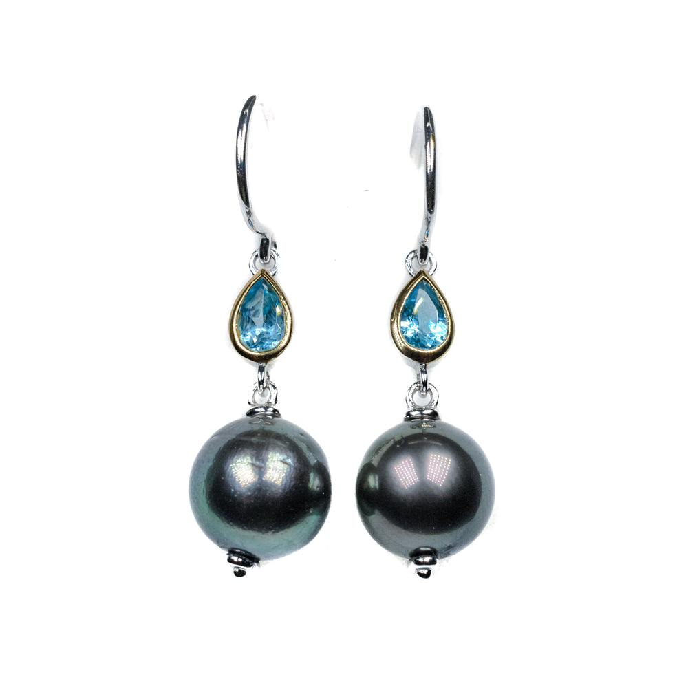 Tahitian Pearl Drop Earrings with Blue Topaz Silver & Gold Filled