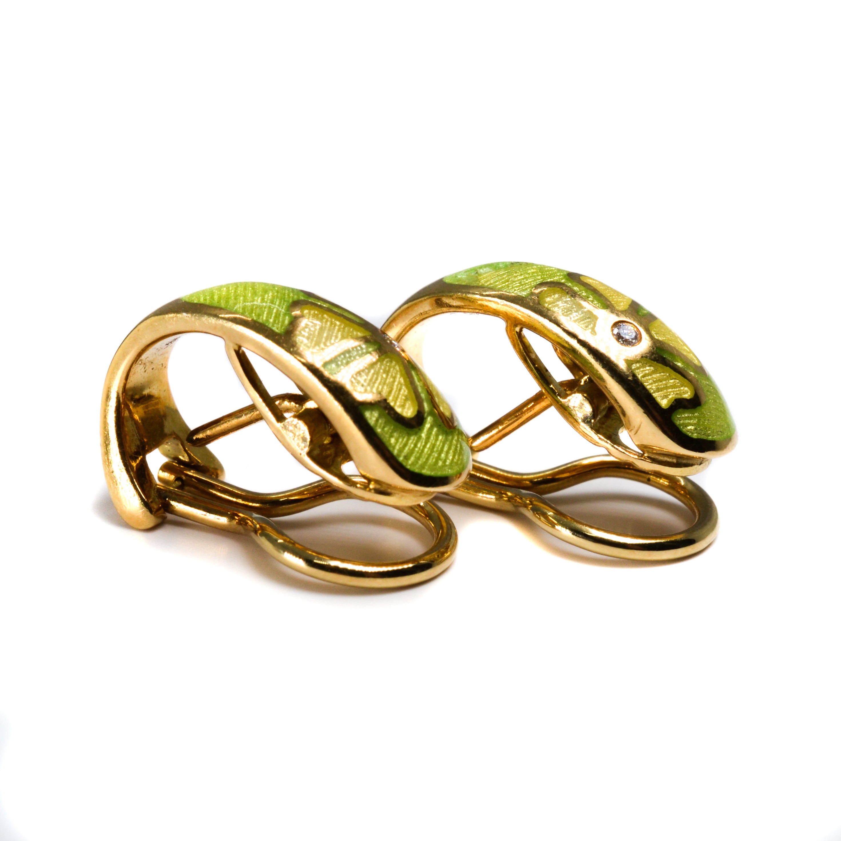 18kt Yellow Gold Faberge Lime Green Enamel Earrings with Diamonds