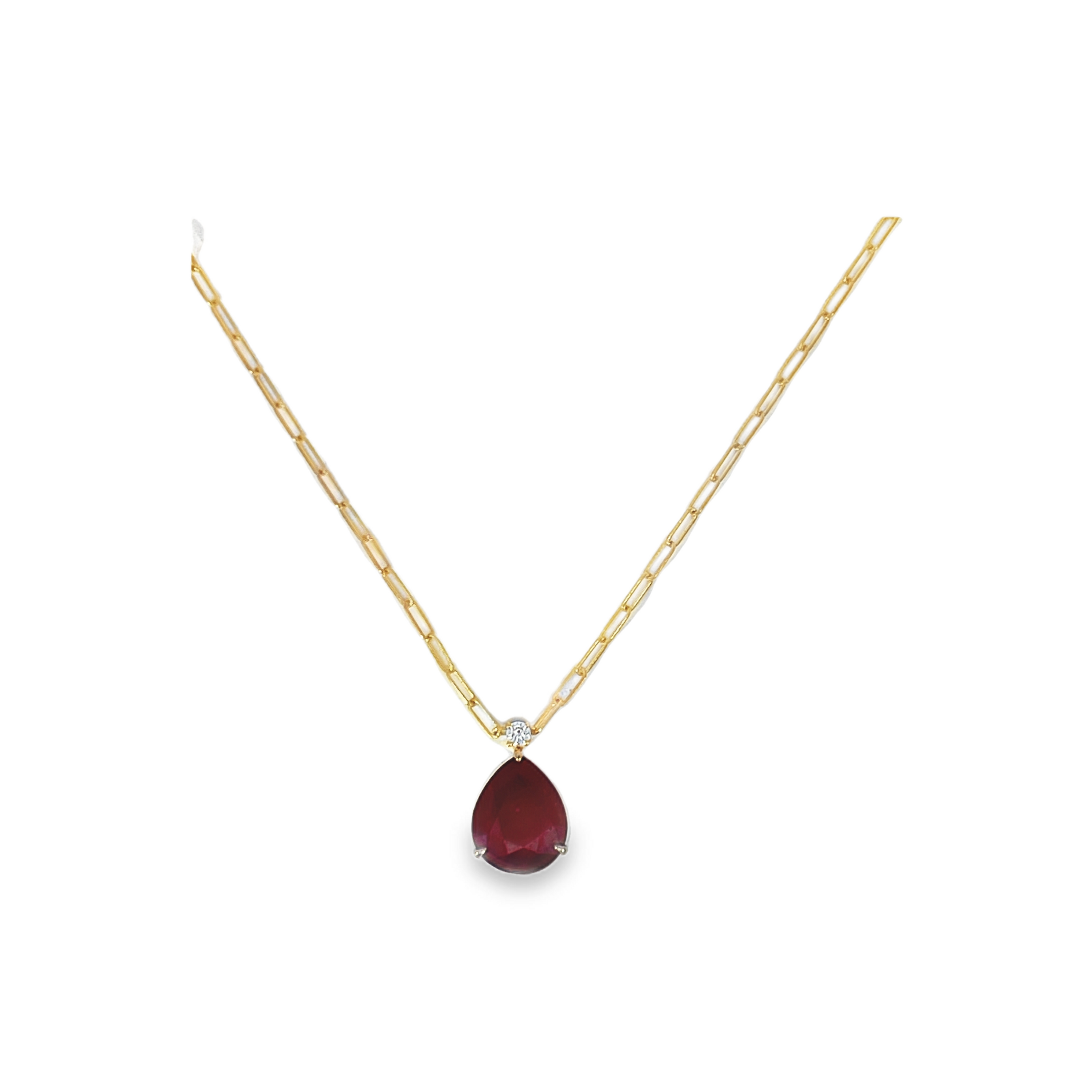14K Yellow Gold GIA 2.63ct Pear-Shaped Ruby & Diamond Pendant on Paperclip Chain