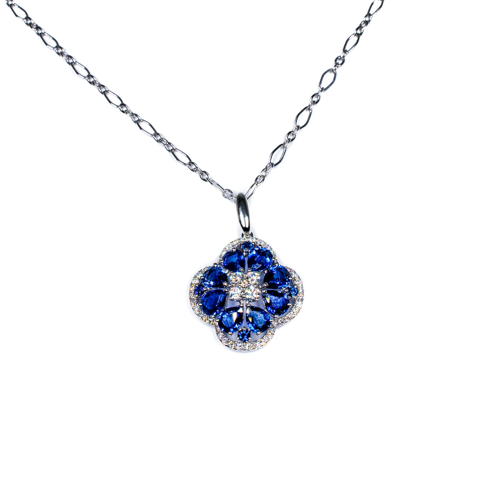 14kt White Gold Sapphire and Diamond Pendant with 18kt Open Link Chain Necklace