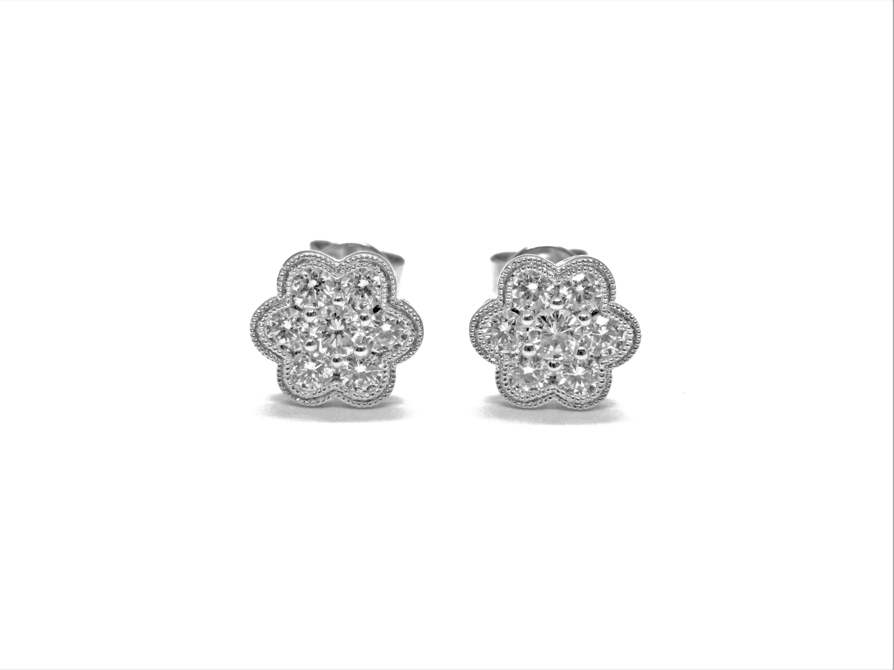 14K White Gold Diamond Flower Stud Earrings 0.75 Carat