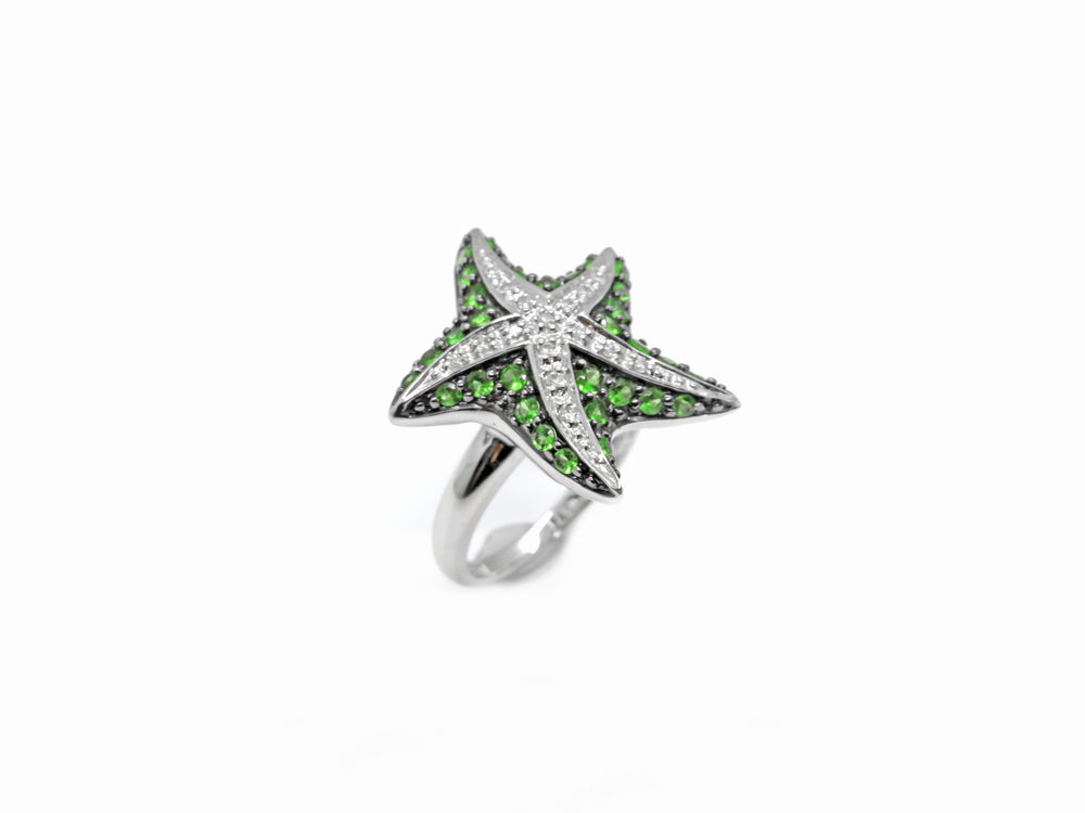 14kt White Gold Starfish Ring with Pave Tsavorite Garnets & Diamonds