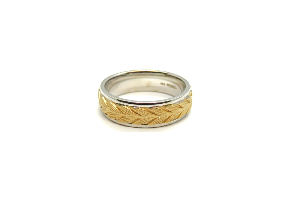 14kt White and Yellow Gold Art-Carved Design Milgrain Style Men's Wedding Band