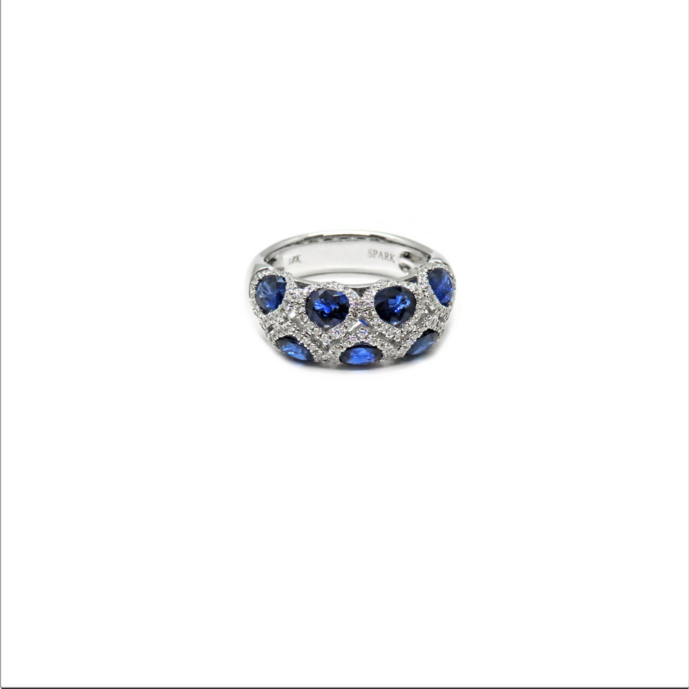 18kt White Gold Spark Design Domed Fashion Ring with Seven Oval Sapphires & Diamond Semi-Halos