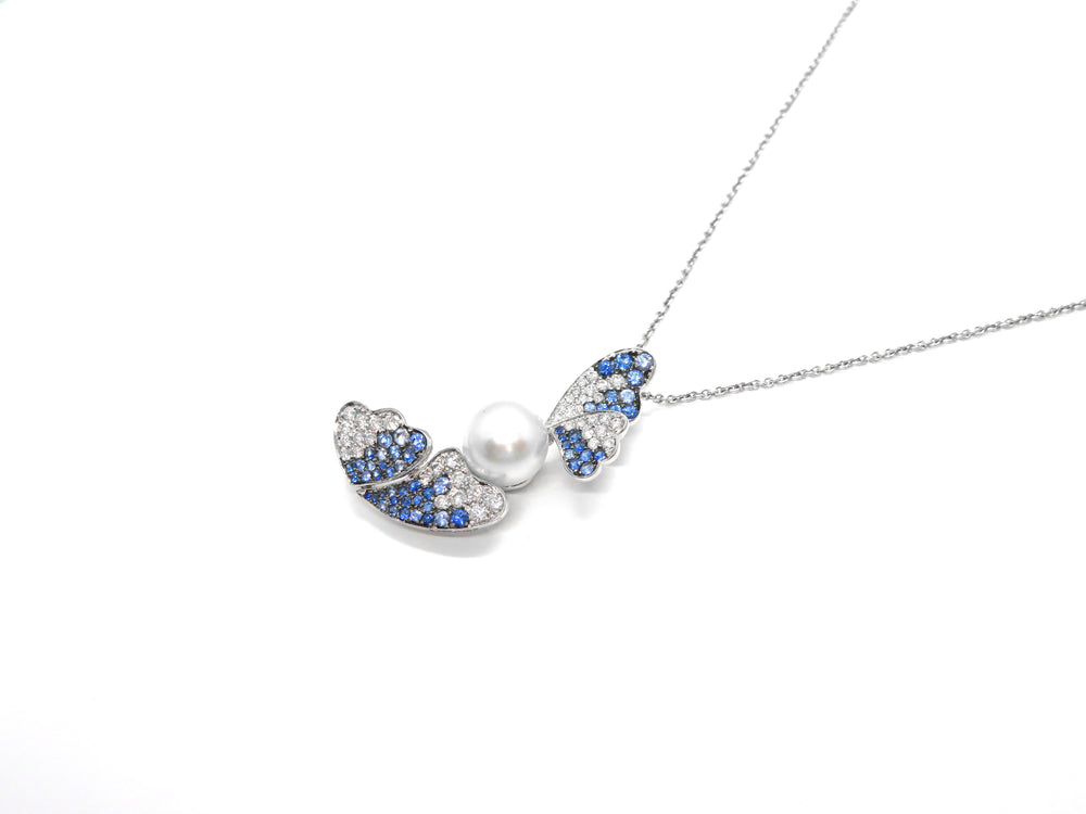 18kt White Gold Pearl Diamond and Sapphire Butterfly Necklace