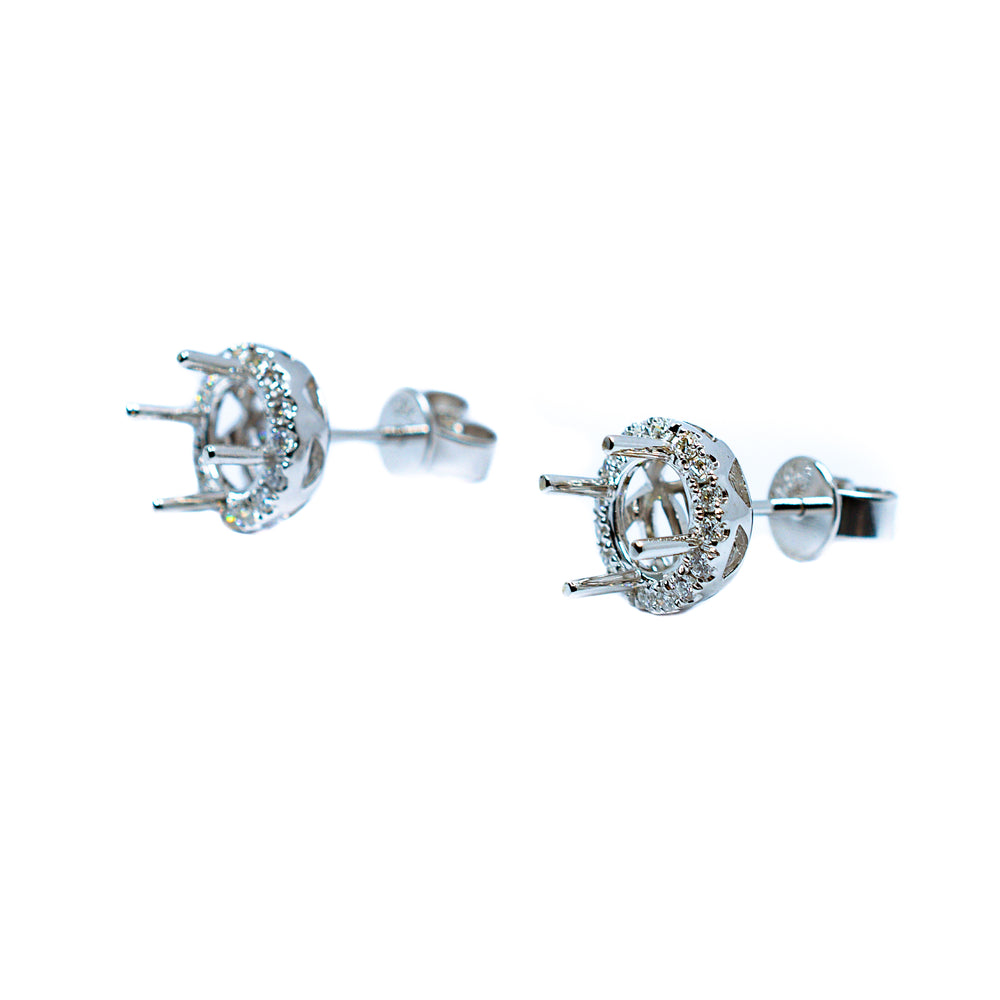 14kt White Gold Round Four Prong Semi Mount Earrings with Diamond Halo