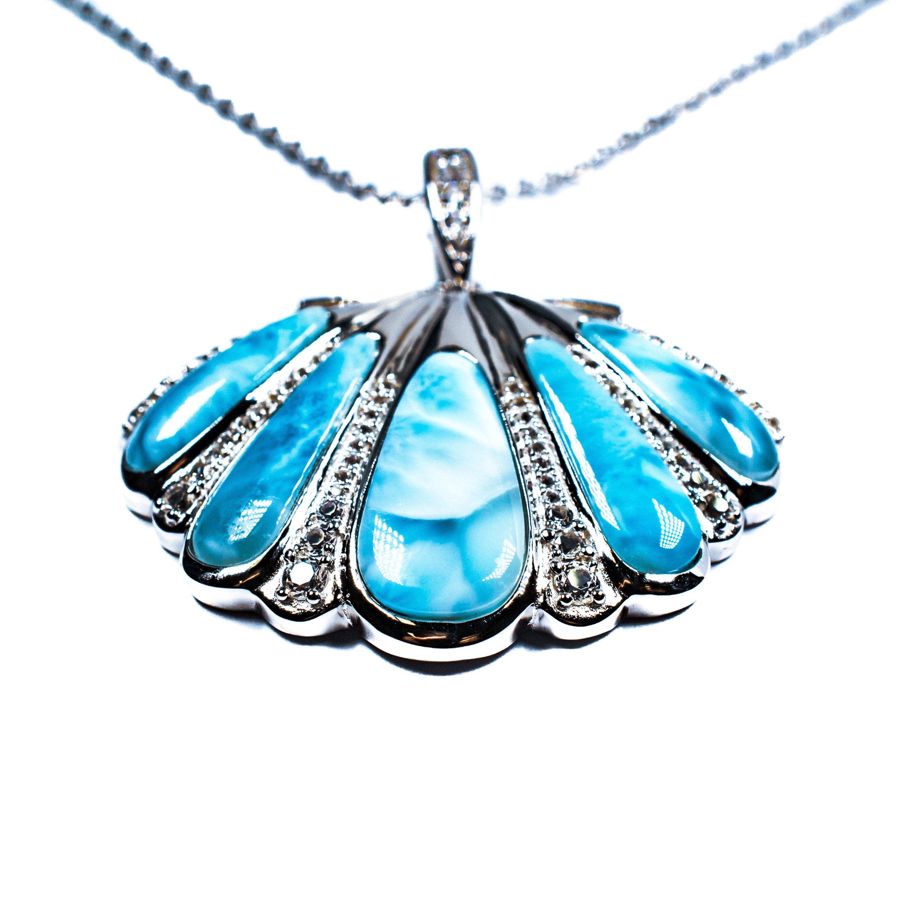 Sterling Silver Larimar Shell Pendant Necklace with White Sapphire