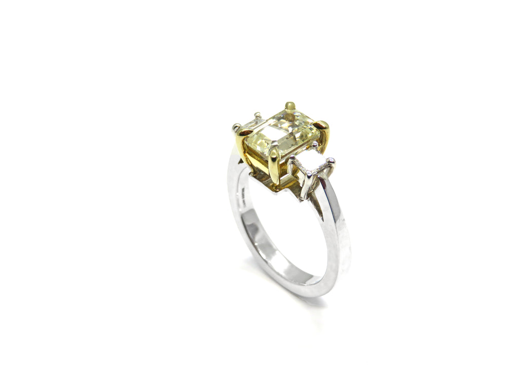 Platinum 3 Stone Fashion Ring with Emerald Cut Yellow Sapphire & 2 Side Diamonds
