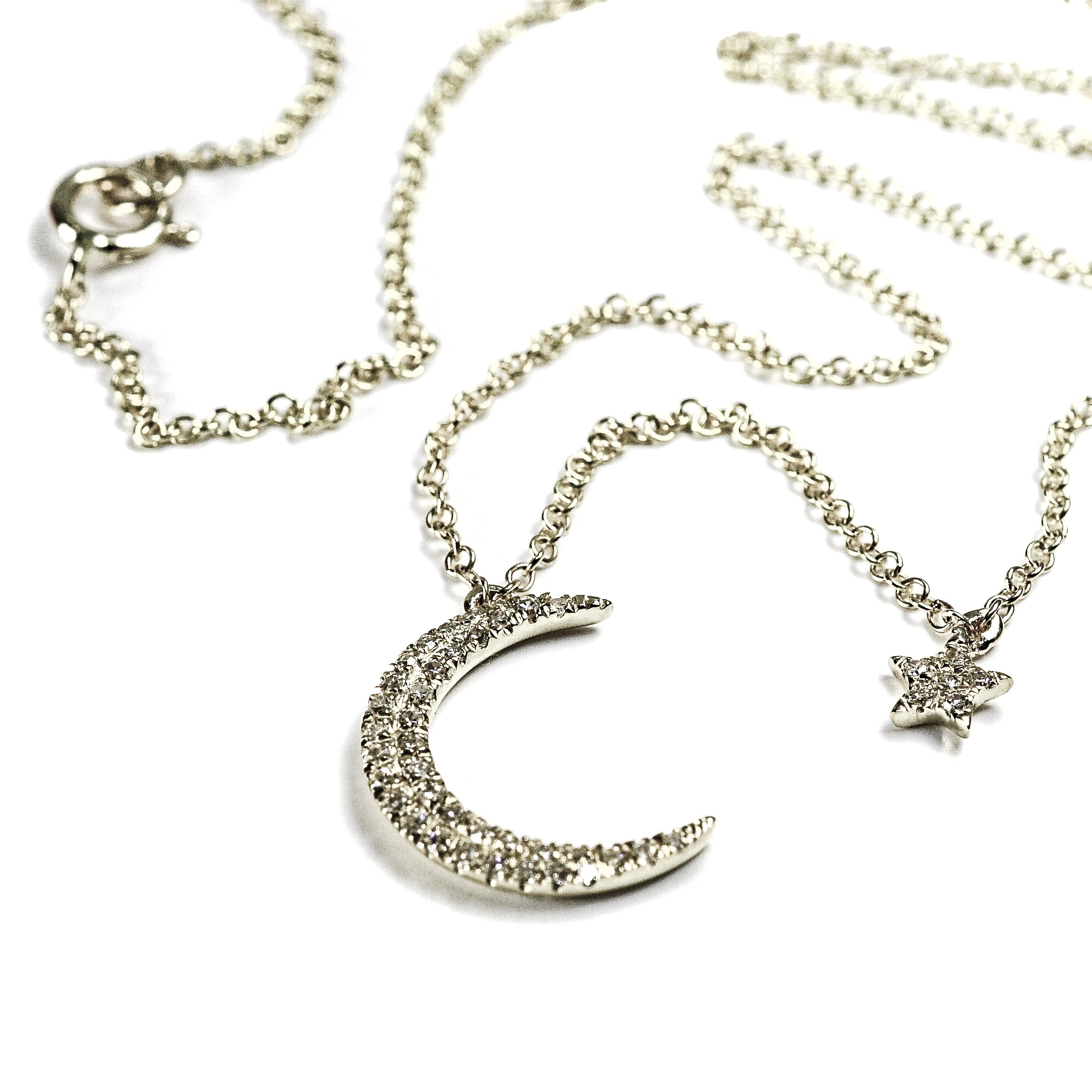 14kt Yellow Gold Crescent Moon and Star Diamond Necklace