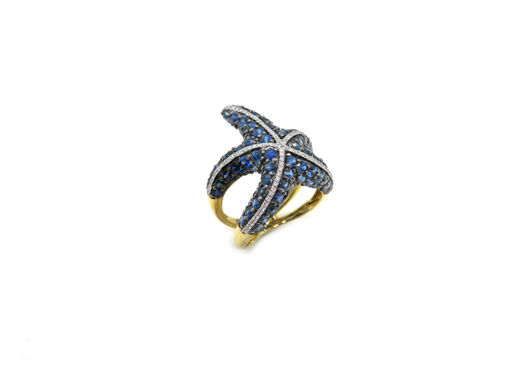 14kt Yellow Gold Starfish Fashion Ring with Blue Sapphires and Diamonds