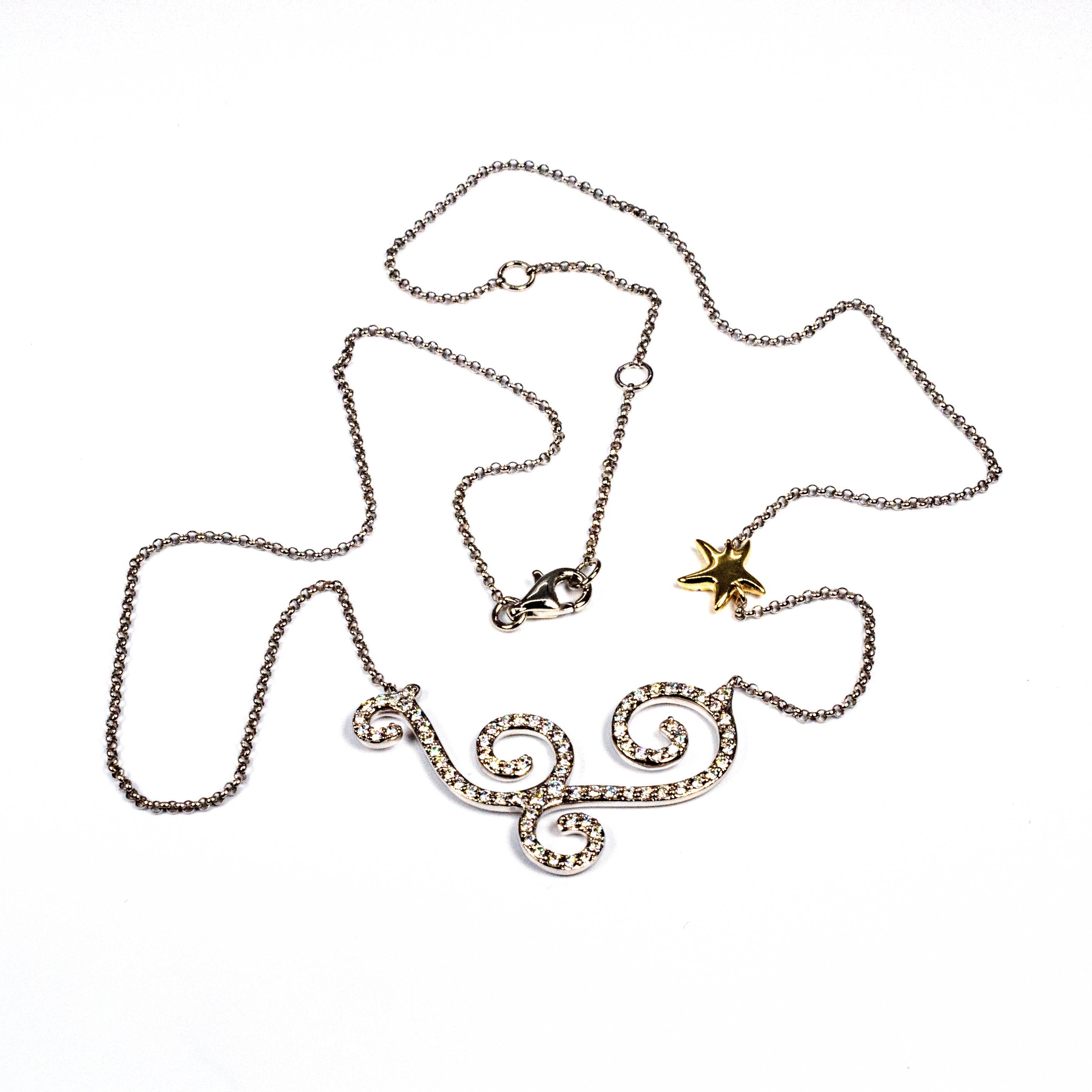 14kt Two Tone Gold Wave and Starfish Diamond Necklace